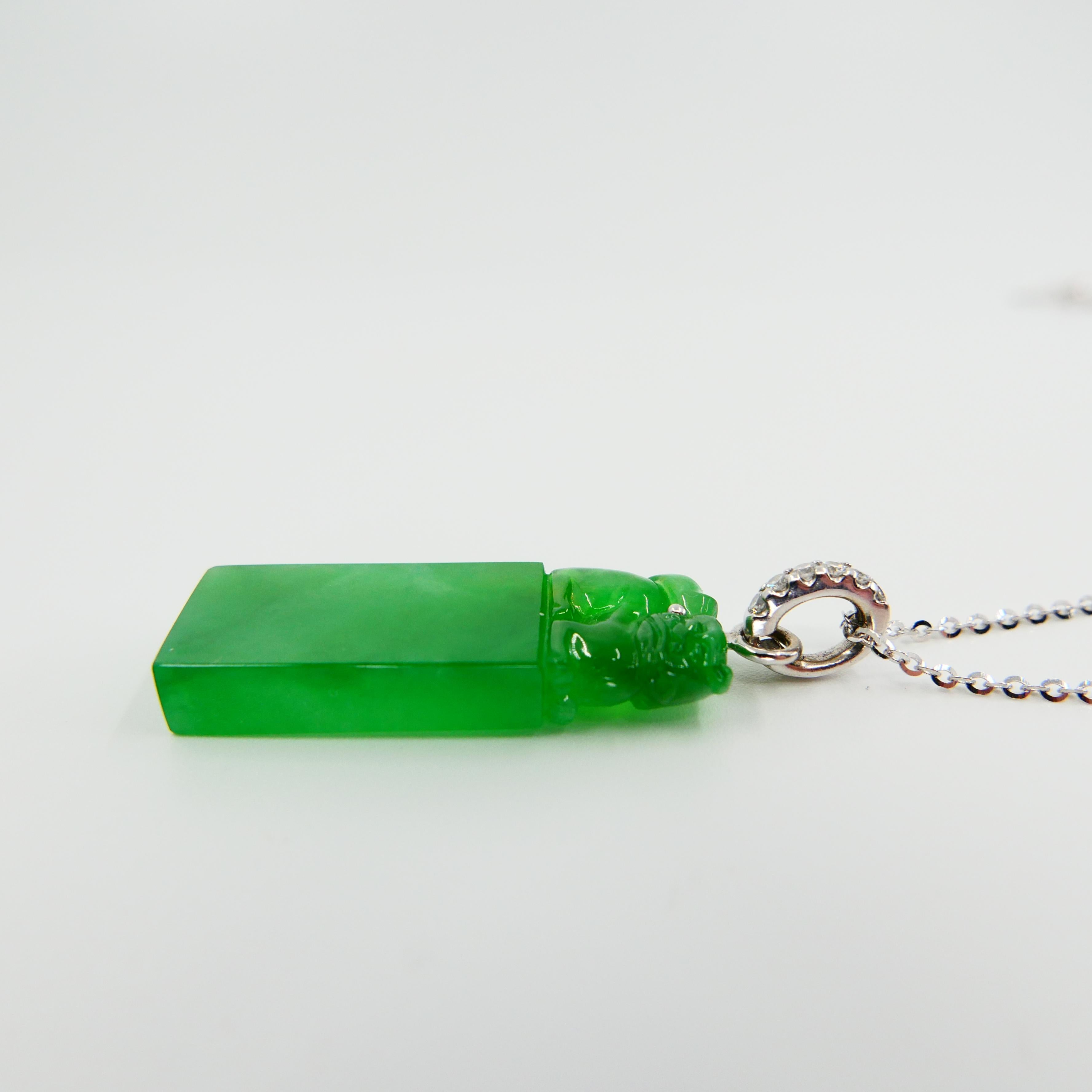 Important Certified Natural Jade Diamond Drop Pendant, Imperial Green Color In New Condition For Sale In Hong Kong, HK