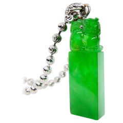 Important Certified Natural Jade Diamond Drop Pendant, Imperial Green Color