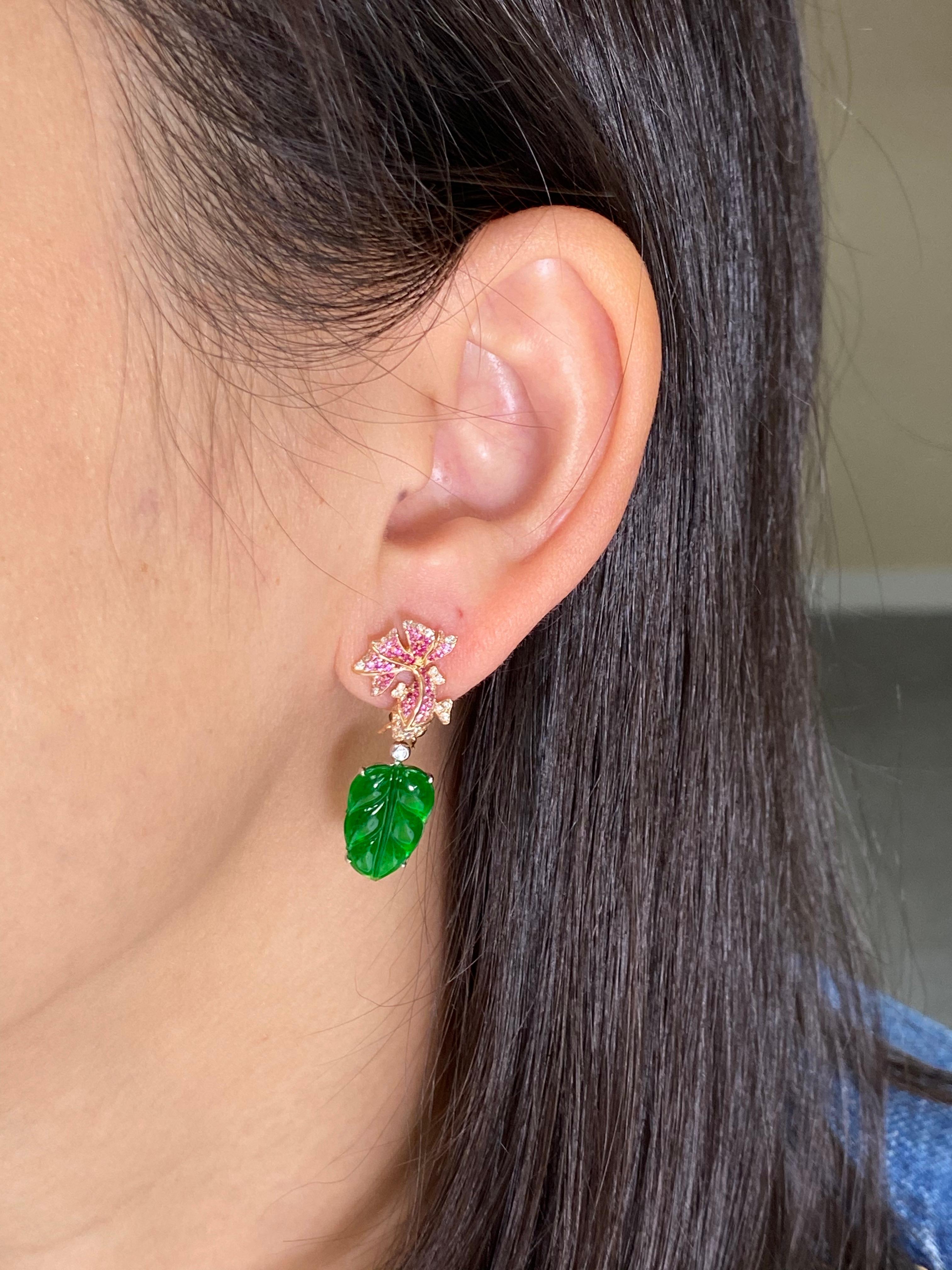 Best of the best! It is rare to find imperial green color jade, and even more rare to find imperial green color jade that is very translucent. Here is a nice pair of icy imperial green Jade, Burma ruby and diamond goldfish stud / drop earrings. It