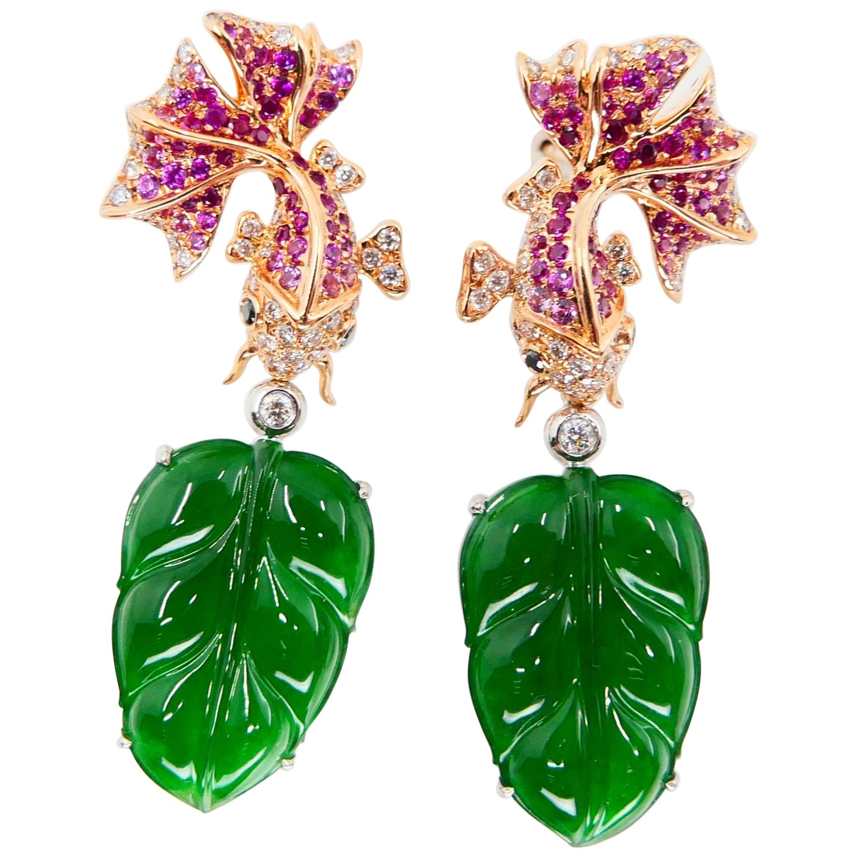 Important Certified Type-A Icy Jade, Ruby and Diamond Earrings, Imperial Green For Sale