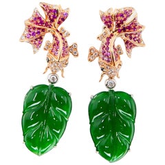 Important Certified Type-A Icy Jade, Ruby and Diamond Earrings, Imperial Green