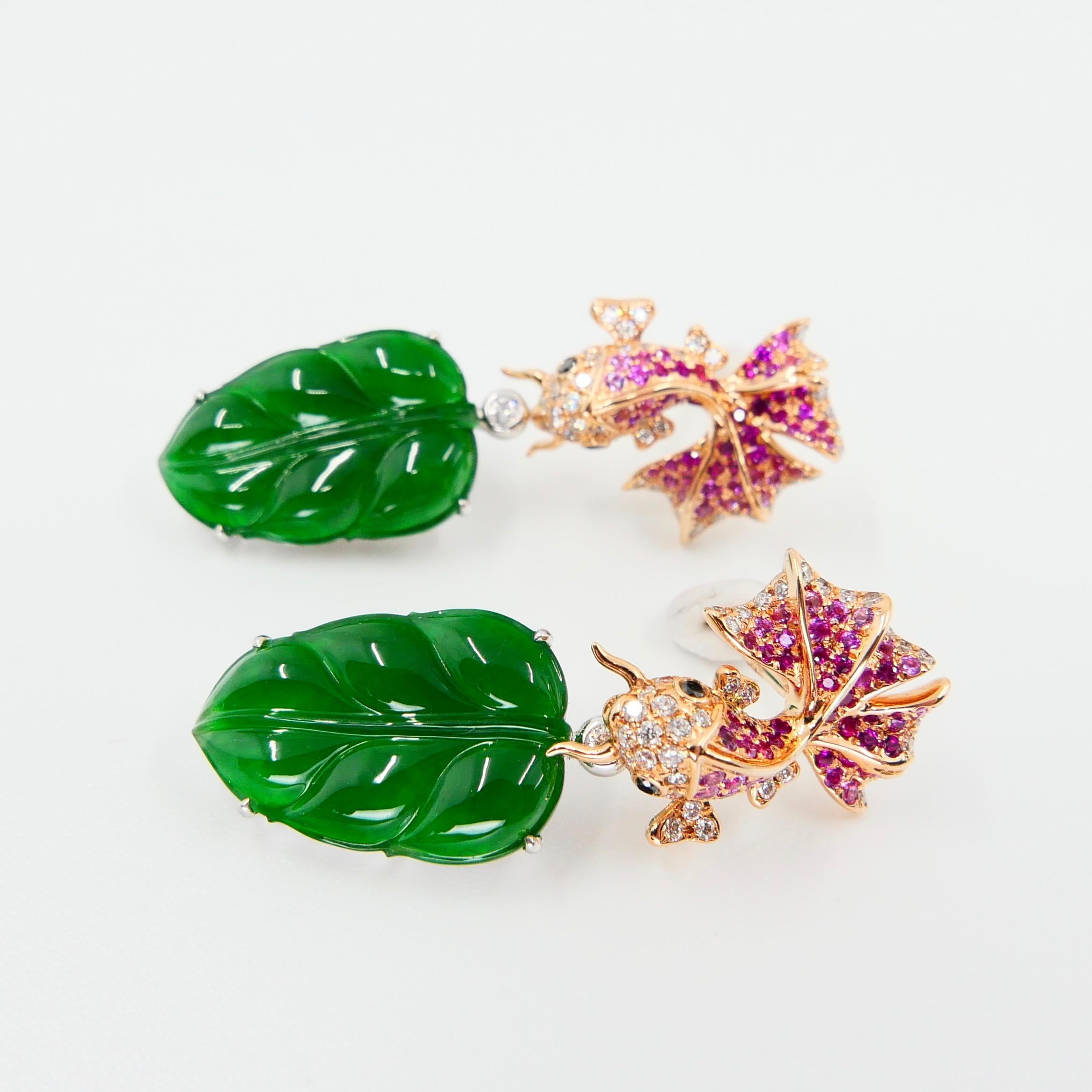 Important Certified Type-A Icy Jade, Ruby and Diamond Earrings, Imperial Green For Sale 4