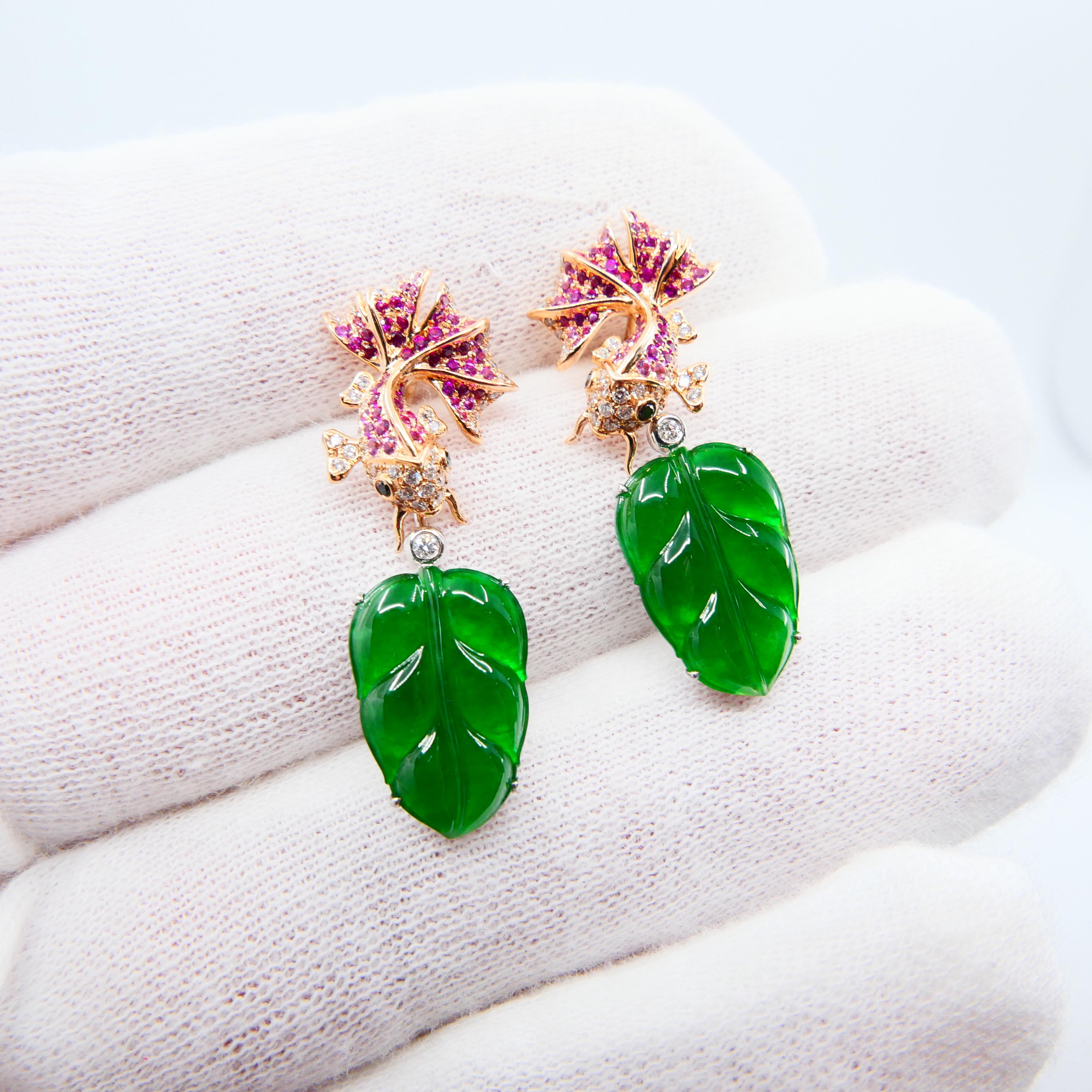 Important Certified Type-A Icy Jade, Ruby and Diamond Earrings, Imperial Green For Sale 5