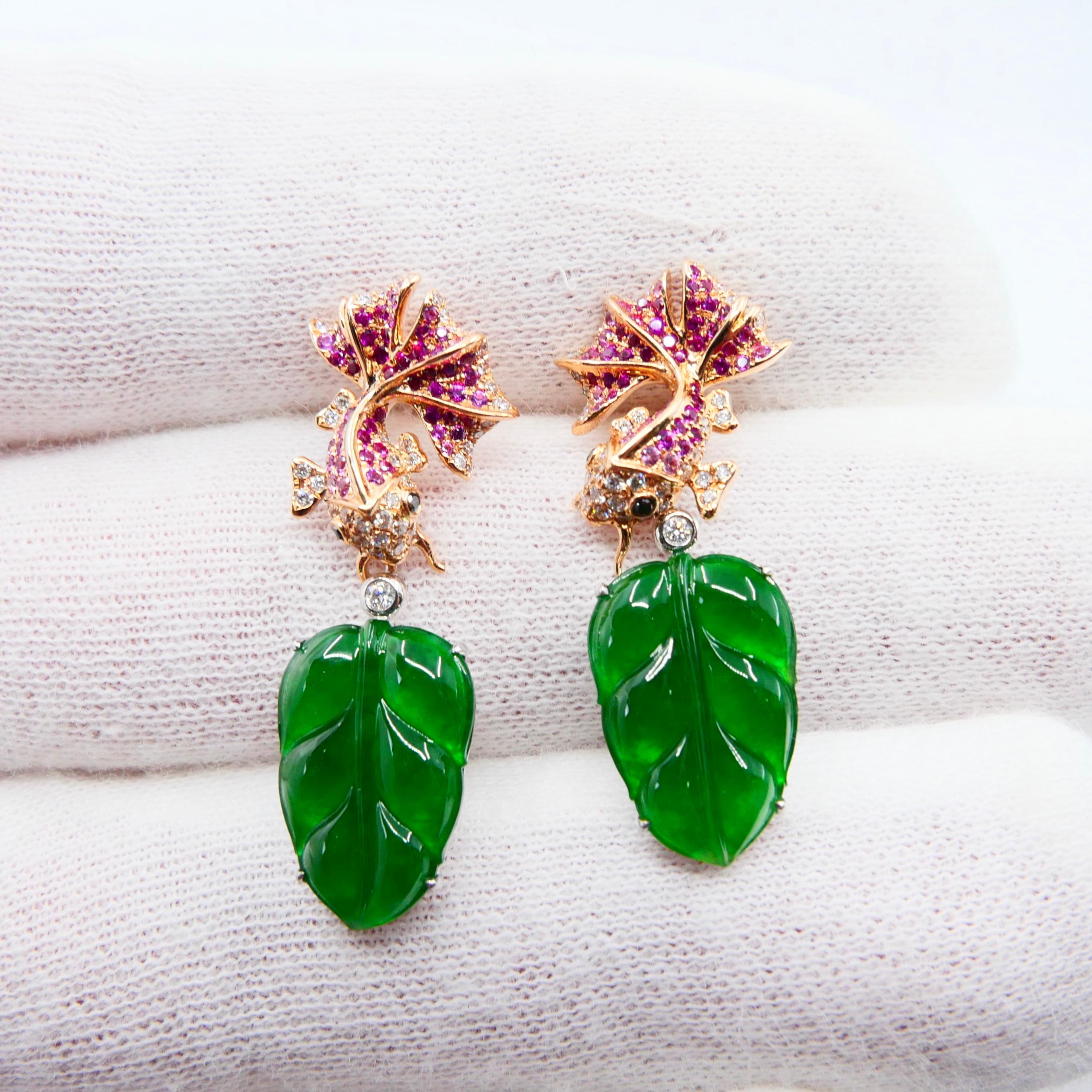 Important Certified Type-A Icy Jade, Ruby and Diamond Earrings, Imperial Green For Sale 7