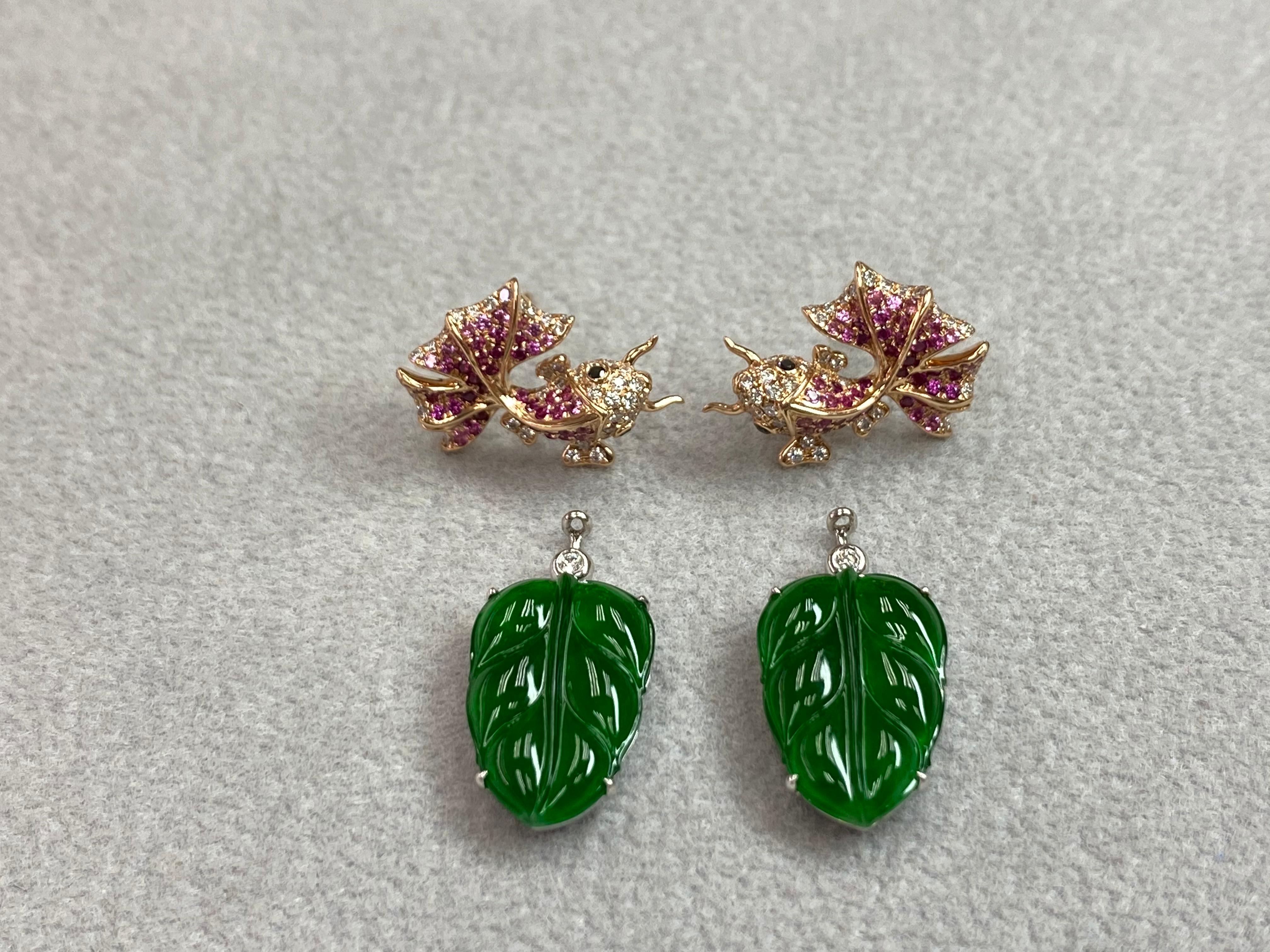 Important Certified Type-A Icy Jade, Ruby and Diamond Earrings, Imperial Green For Sale 8
