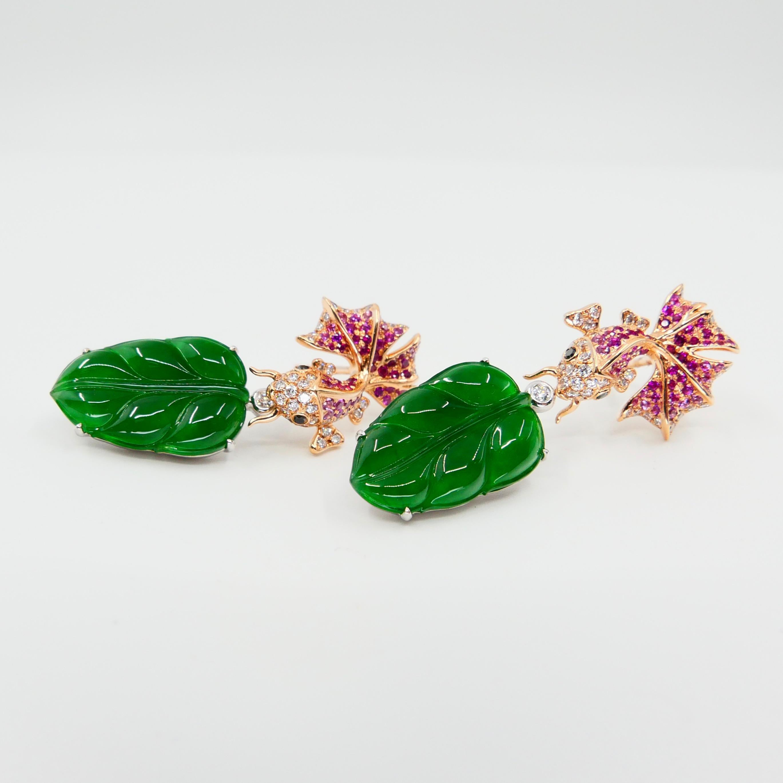 Rough Cut Important Certified Type-A Icy Jade, Ruby and Diamond Earrings, Imperial Green For Sale