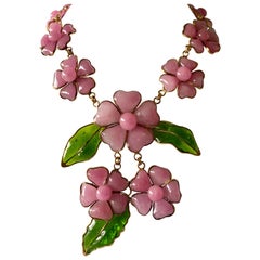 Important Chanel Pink "Camellia" "Pate de Verre" Statement Necklace
