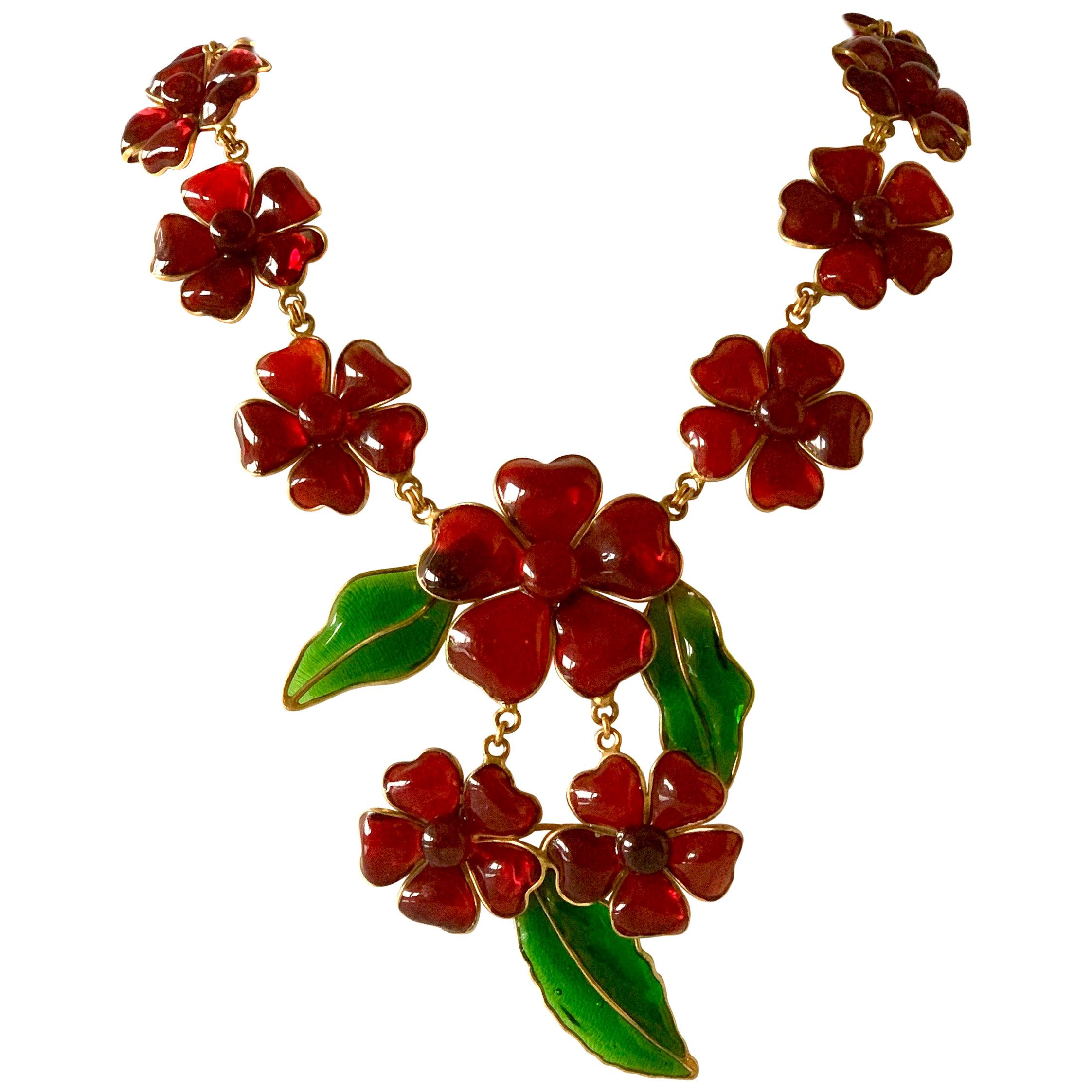 Important Chanel Red "Camellia" Pate de Verre Statement Necklace