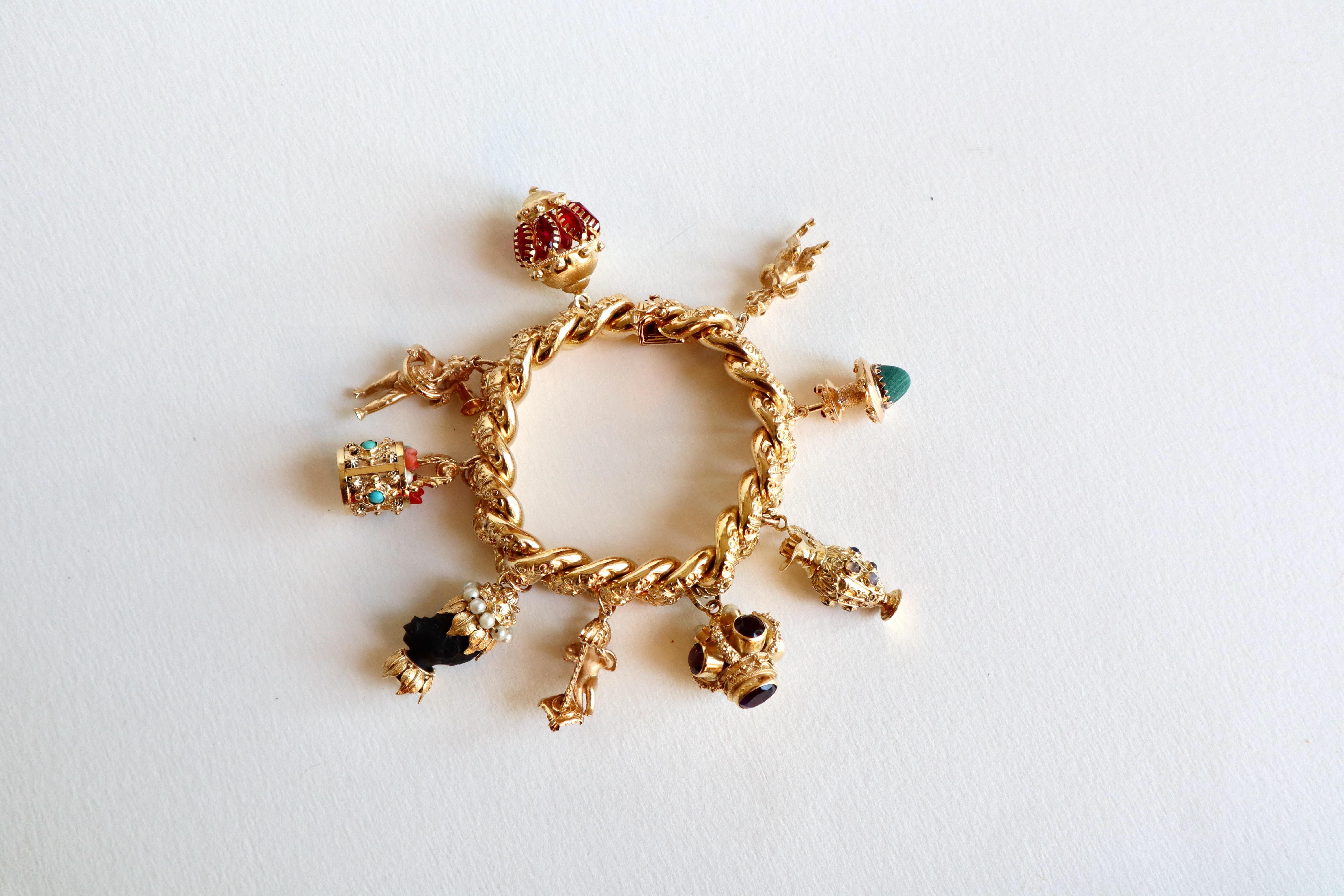 Brilliant Cut Important Charm Bracelet Yellow Gold 18 Carat amethysts pearls coral turquoise For Sale