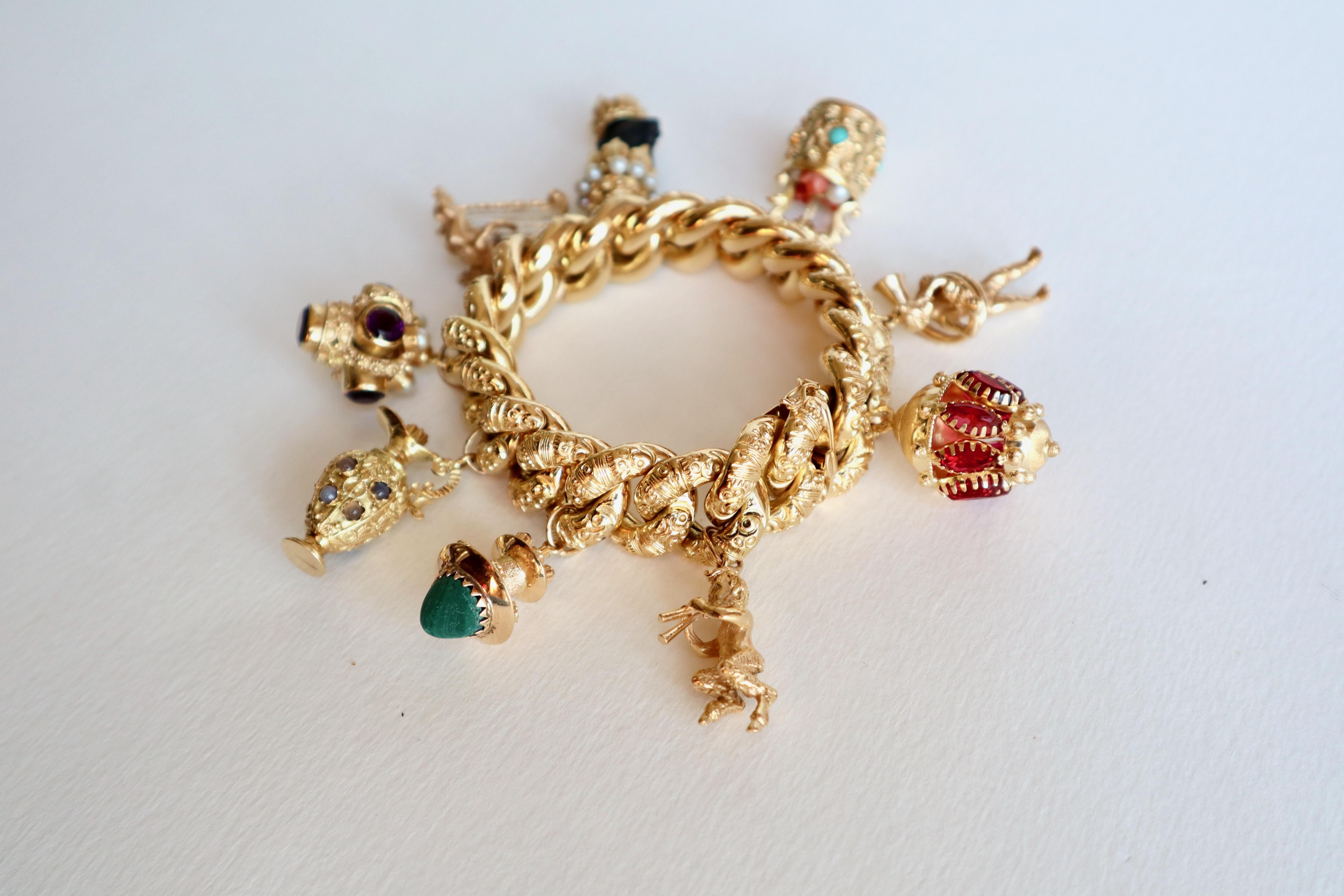 Women's Important Charm Bracelet Yellow Gold 18 Carat amethysts pearls coral turquoise For Sale