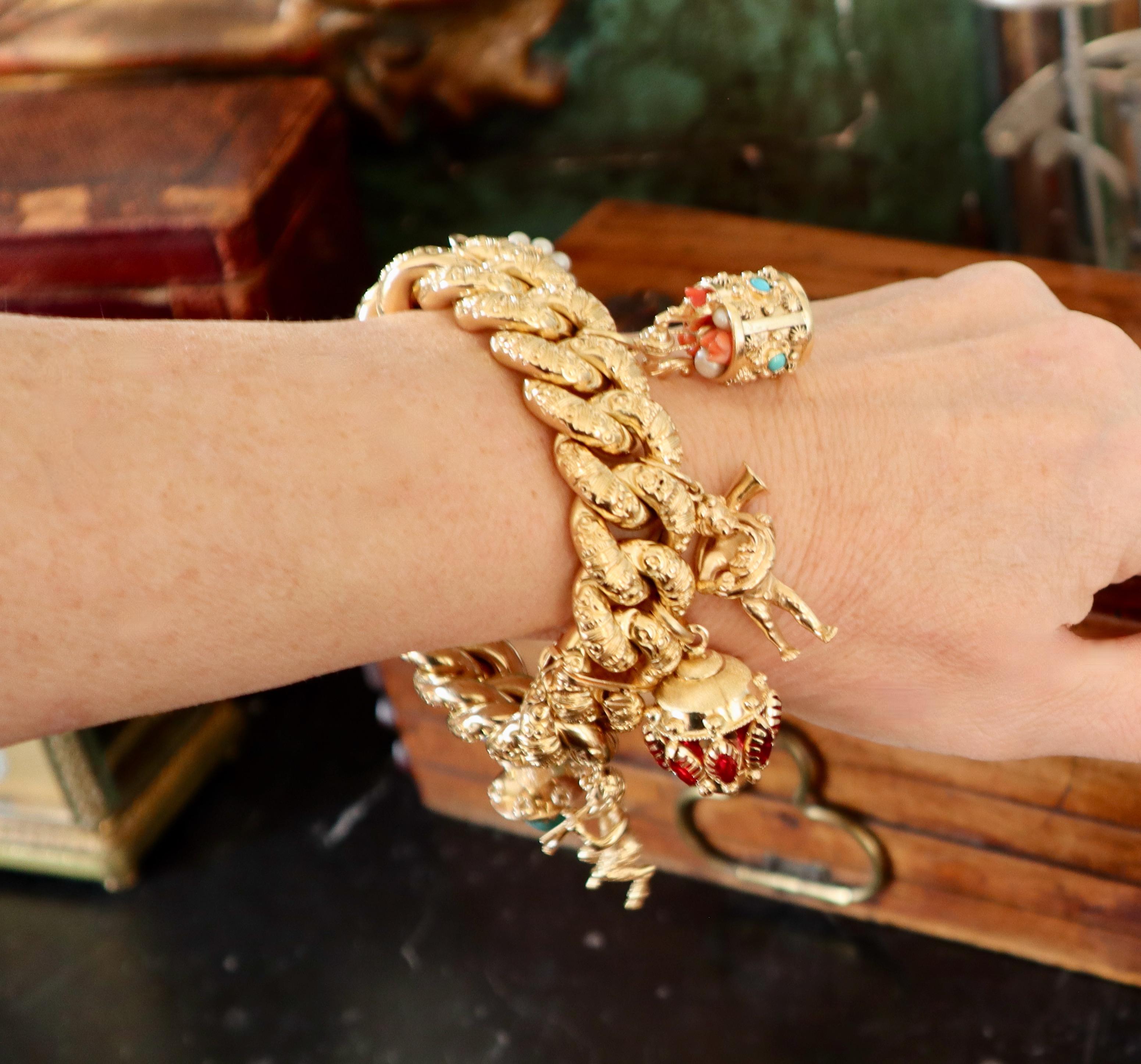 Important Charm Bracelet Yellow Gold 18 Carat amethysts pearls coral turquoise For Sale 1