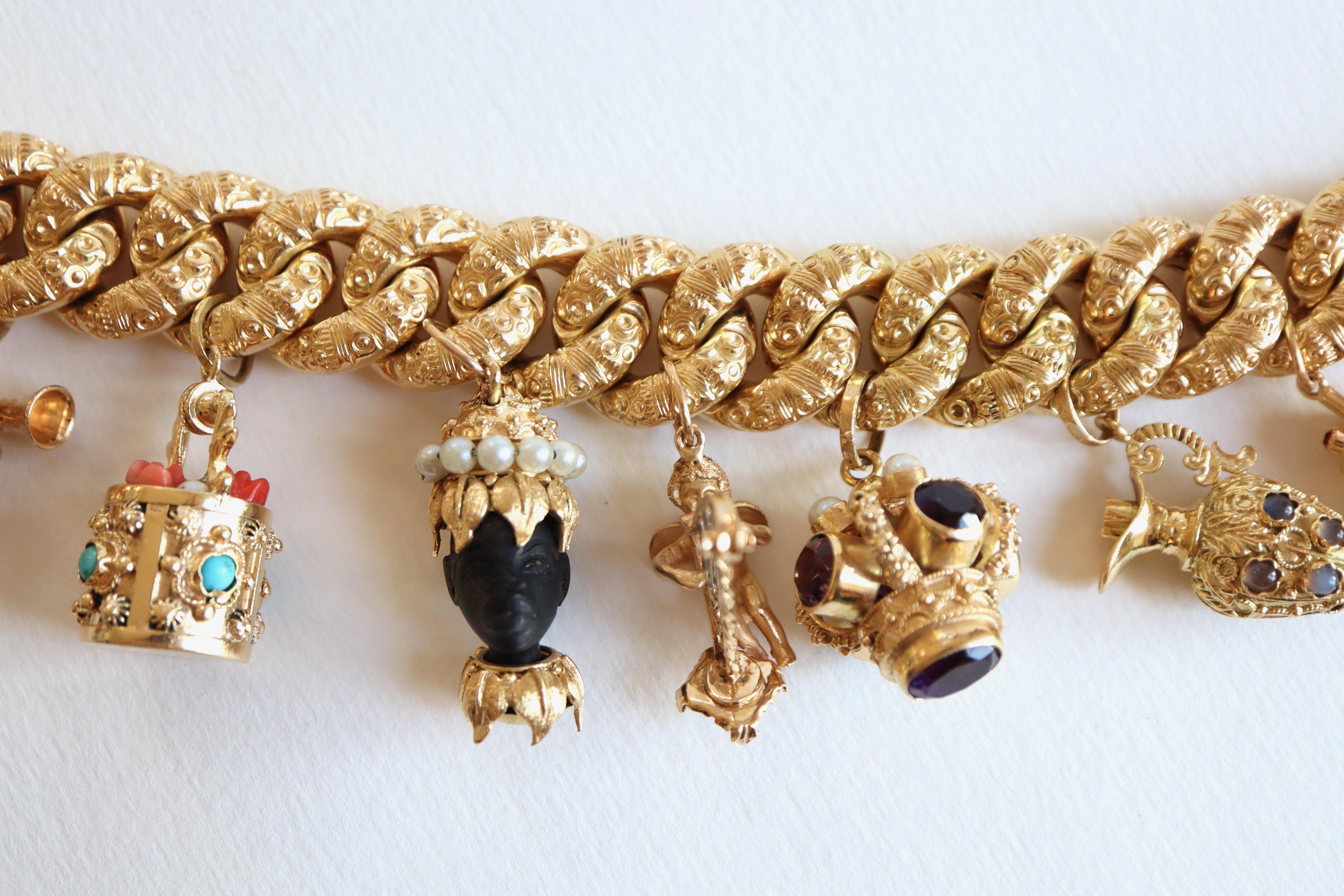 Important Charm Bracelet Yellow Gold 18 Carat amethysts pearls coral turquoise For Sale 3