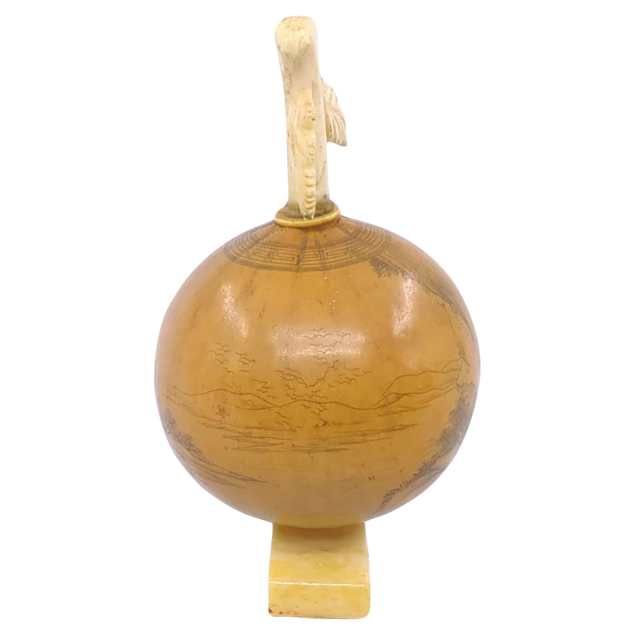 Hand-Carved Important Chinese Incised & Filled Gourd Snuff Bottle 