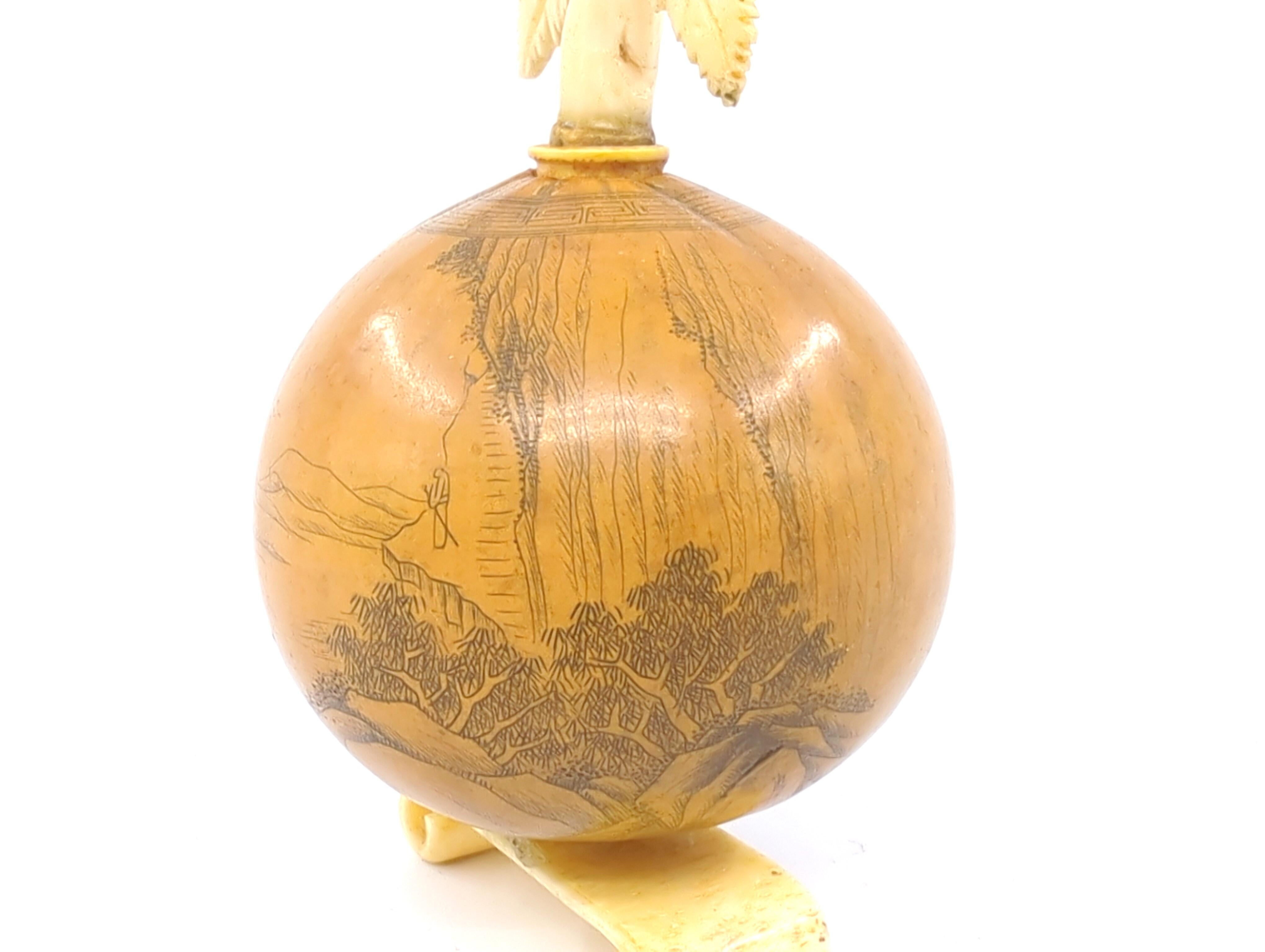 20th Century Important Chinese Incised & Filled Gourd Snuff Bottle 