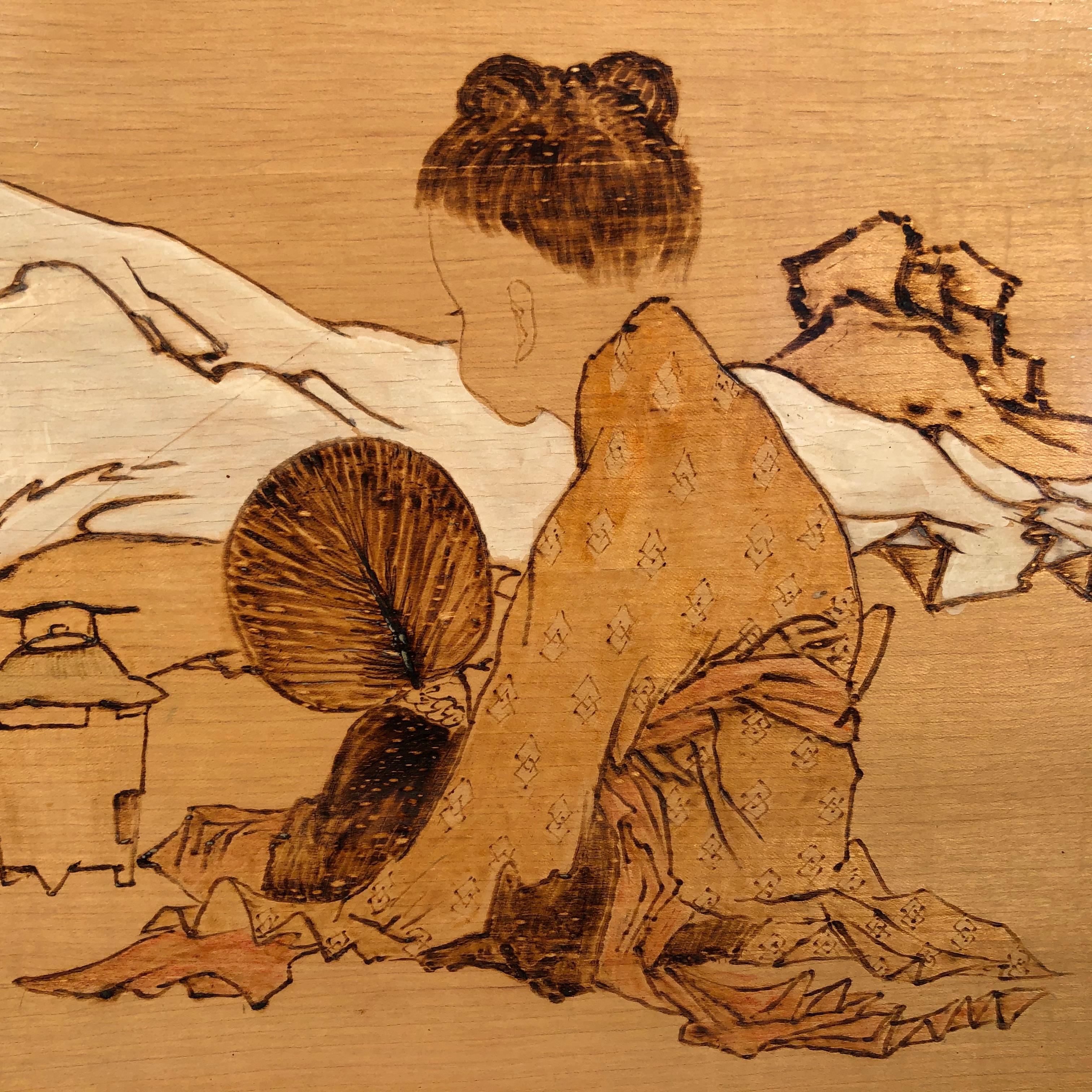 Important Chinese Pyrography Painting of “LUK YU” Famous Tang Dynasty Tea master For Sale 2