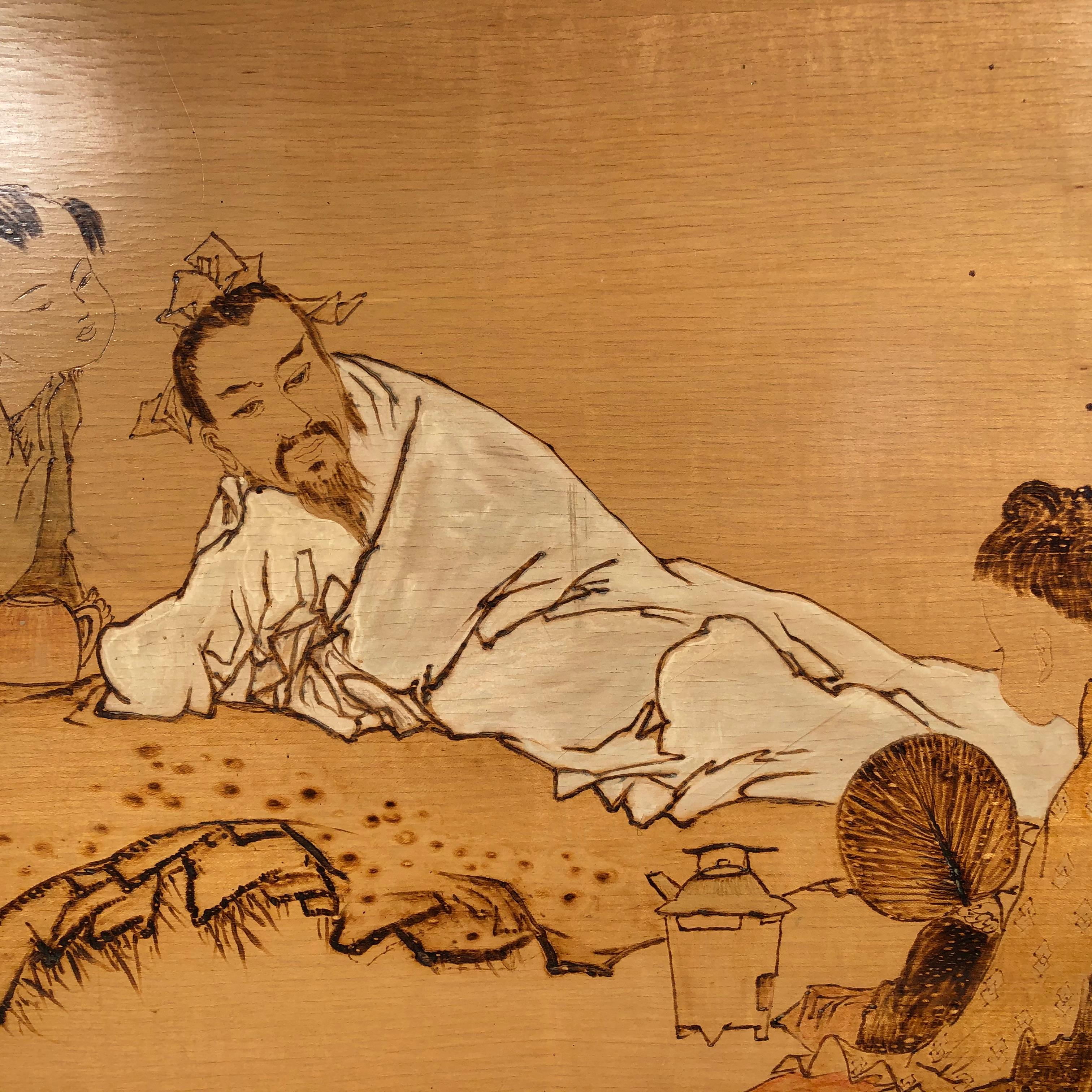 Woodwork Important Chinese Pyrography Painting of “LUK YU” Famous Tang Dynasty Tea master For Sale