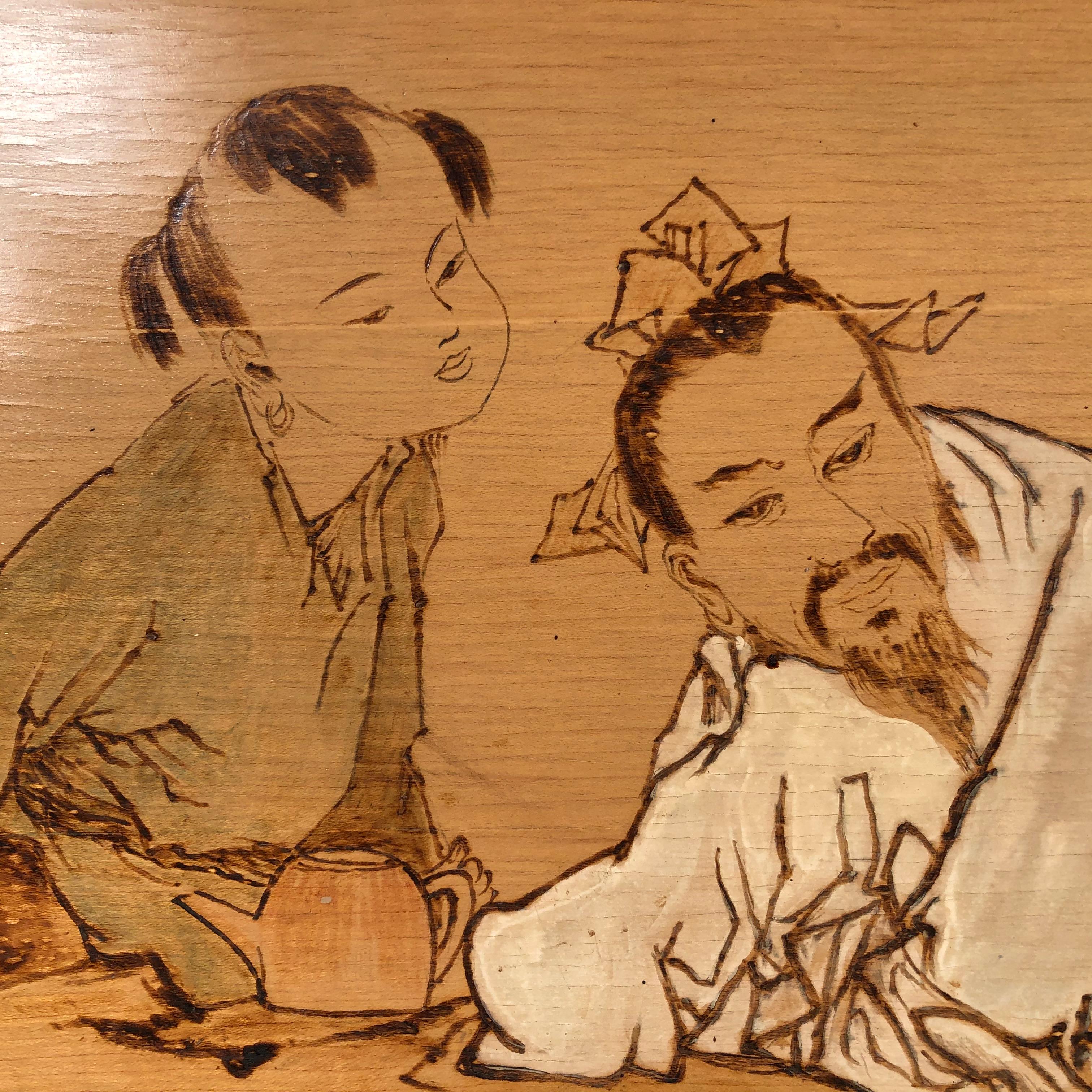 Important Chinese Pyrography Painting of “LUK YU” Famous Tang Dynasty Tea master In Good Condition For Sale In South Burlington, VT