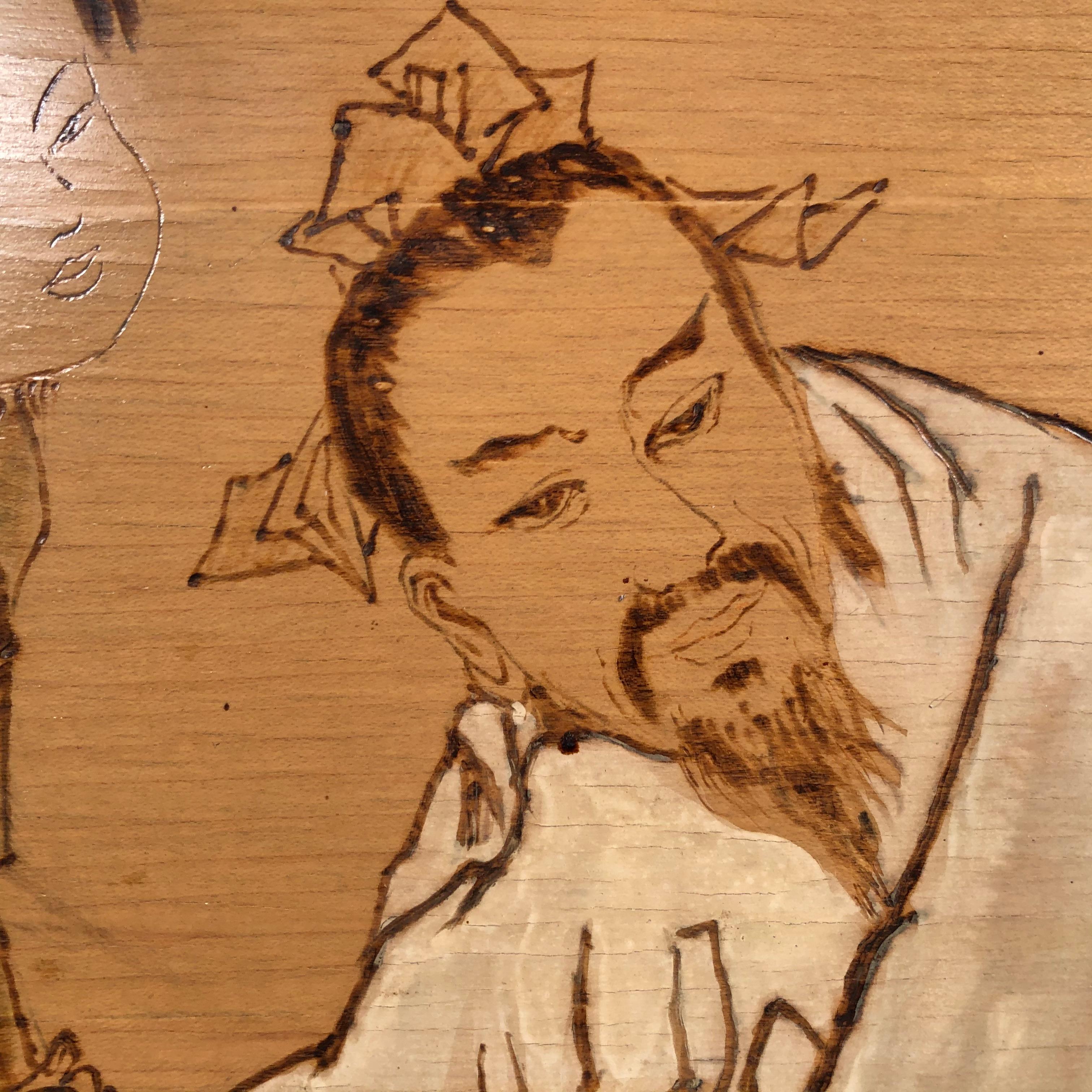 20th Century Important Chinese Pyrography Painting of “LUK YU” Famous Tang Dynasty Tea master For Sale