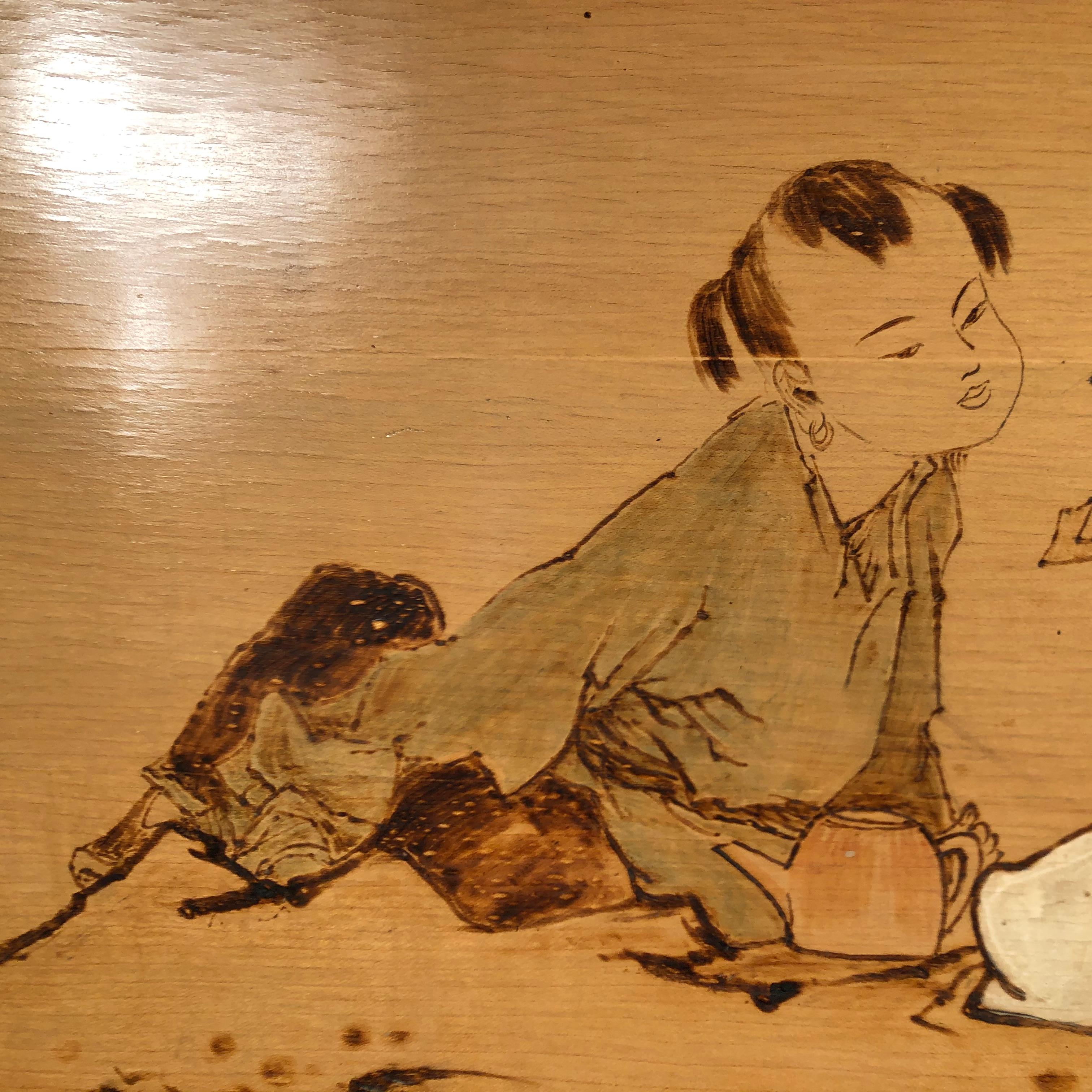 Wood Important Chinese Pyrography Painting of “LUK YU” Famous Tang Dynasty Tea master For Sale