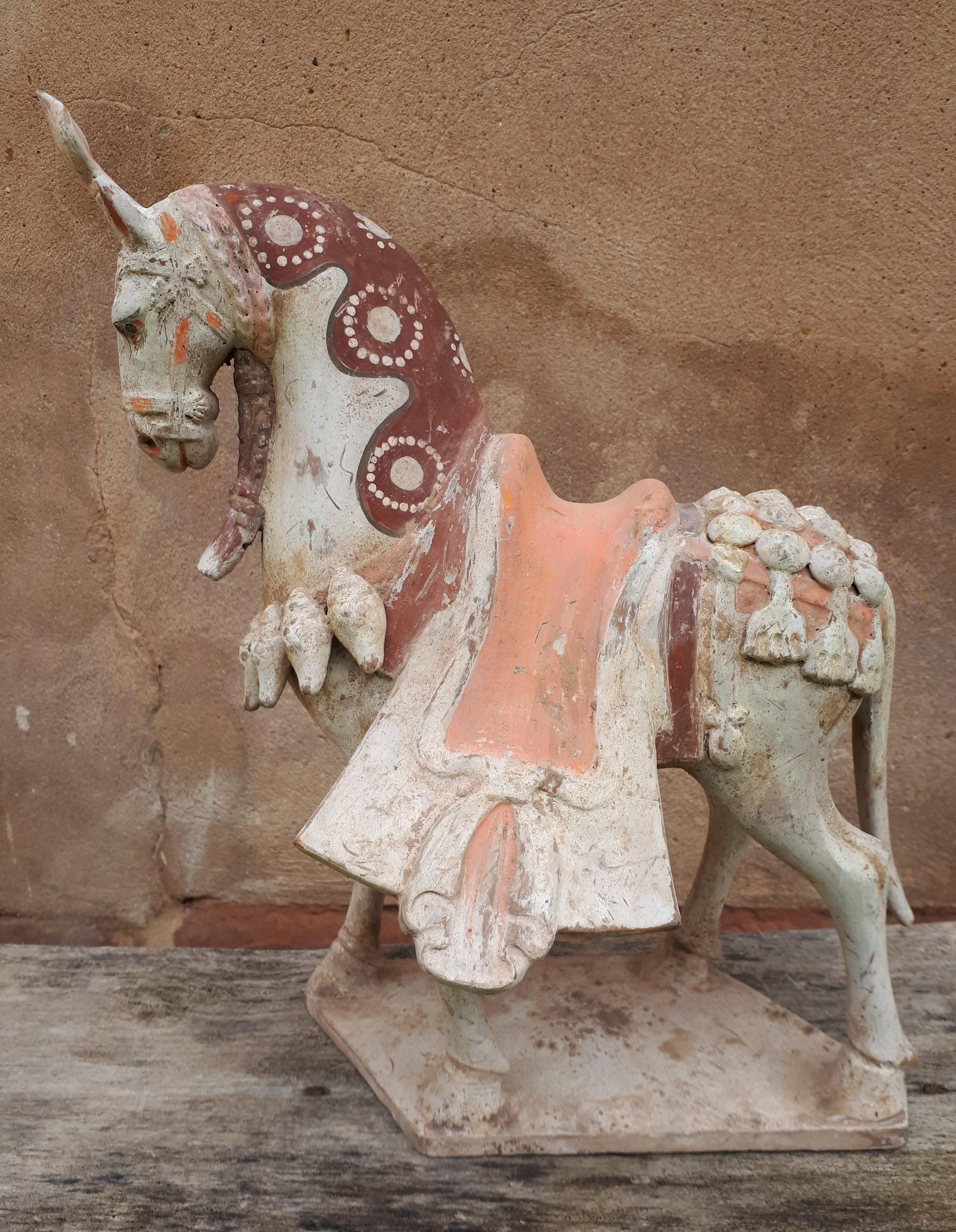 Terracotta mingqi with white slip and polychromy, representing a horse with its finery.
Very good to perfect condition.
Please note that all ancient Chinese terracotta sculptures were placed in the graves of the deceased to accompany them in their