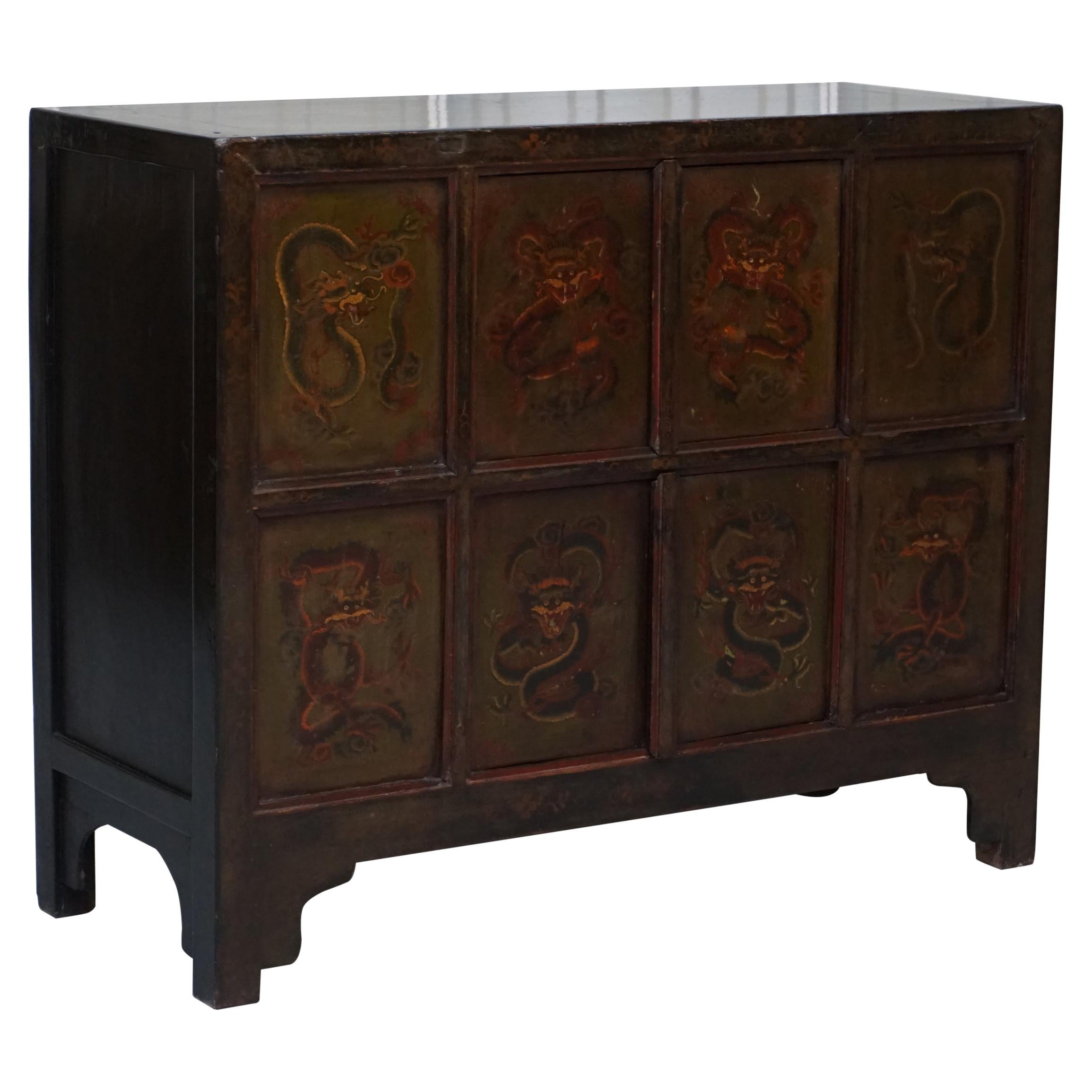 Important Chinese Tibetan Dragon Hand Painted and Lacquered Cupboard Sideboard