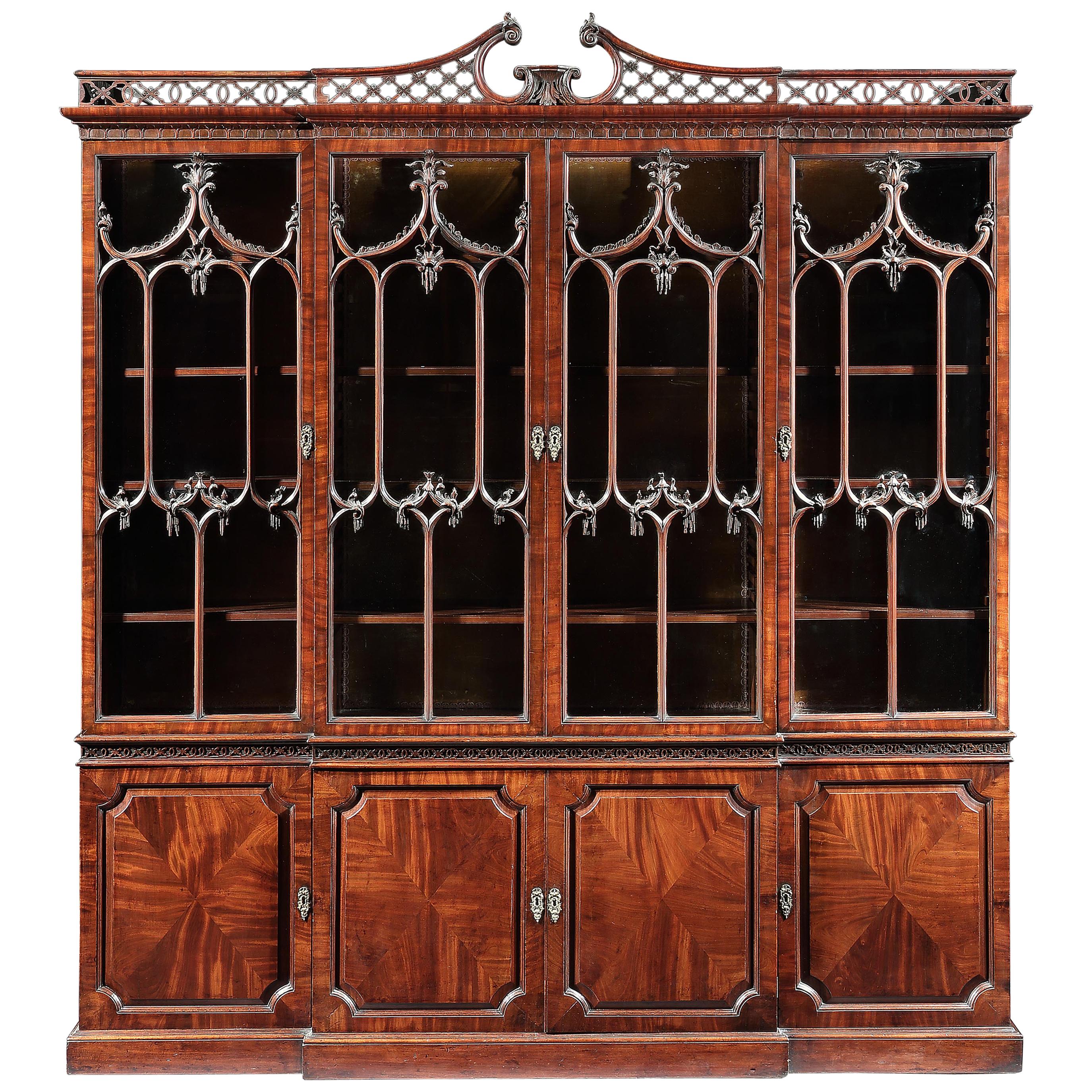 Important Chippendale Period Brown Mahogany Breakfront Bookcase