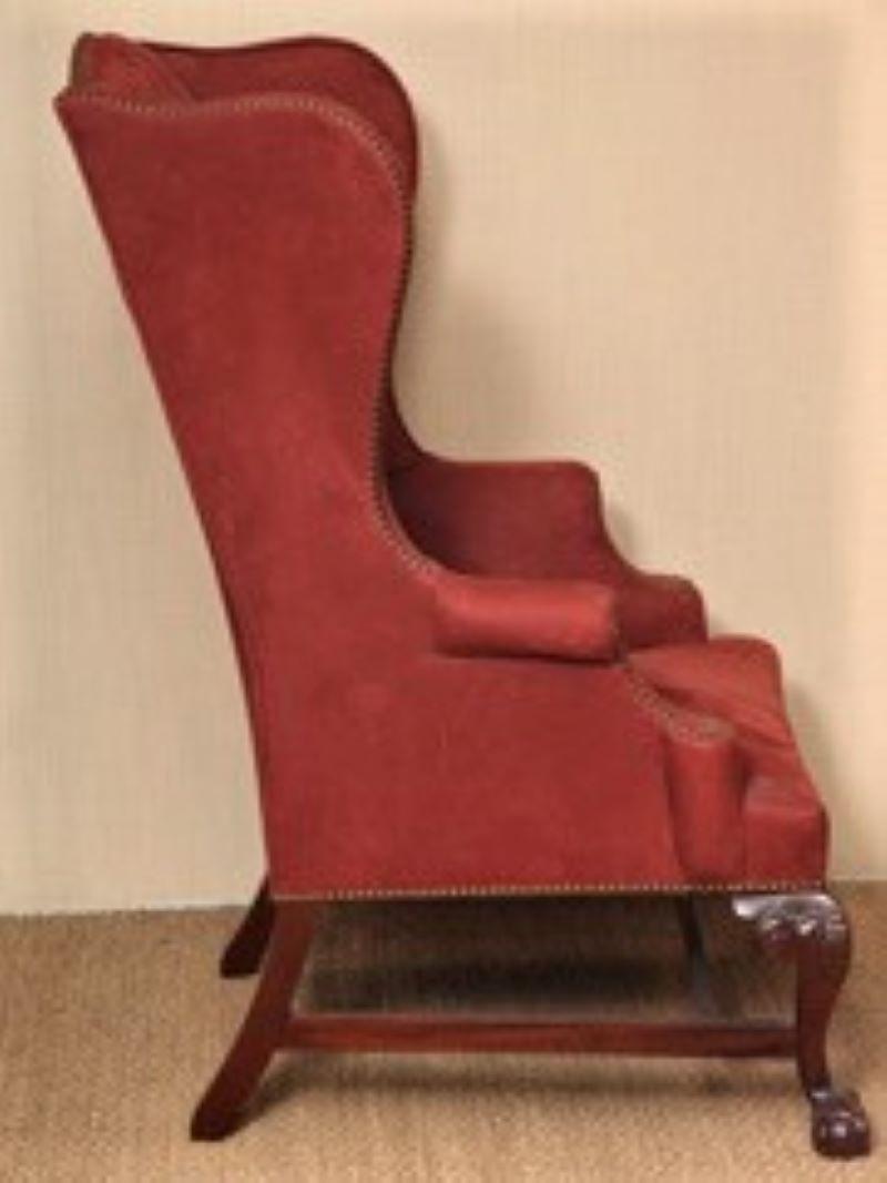Hand-Carved Chippendale Style Mahogany Wing Chair w/ Carved Ball & Claw Legs Brass Nail Trim For Sale
