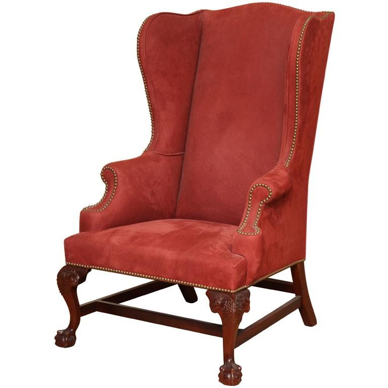 Chippendale Style Mahogany Wing Chair w/ Carved Ball & Claw Legs Brass Nail Trim In Excellent Condition For Sale In North Salem, NY