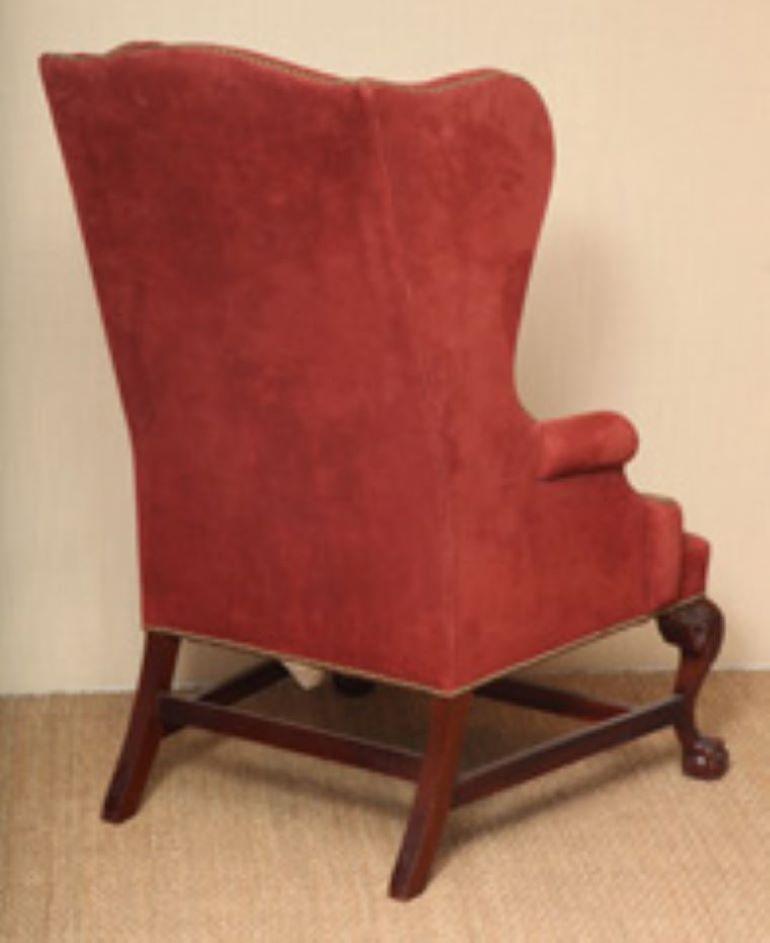 18th Century Chippendale Style Mahogany Wing Chair w/ Carved Ball & Claw Legs Brass Nail Trim For Sale