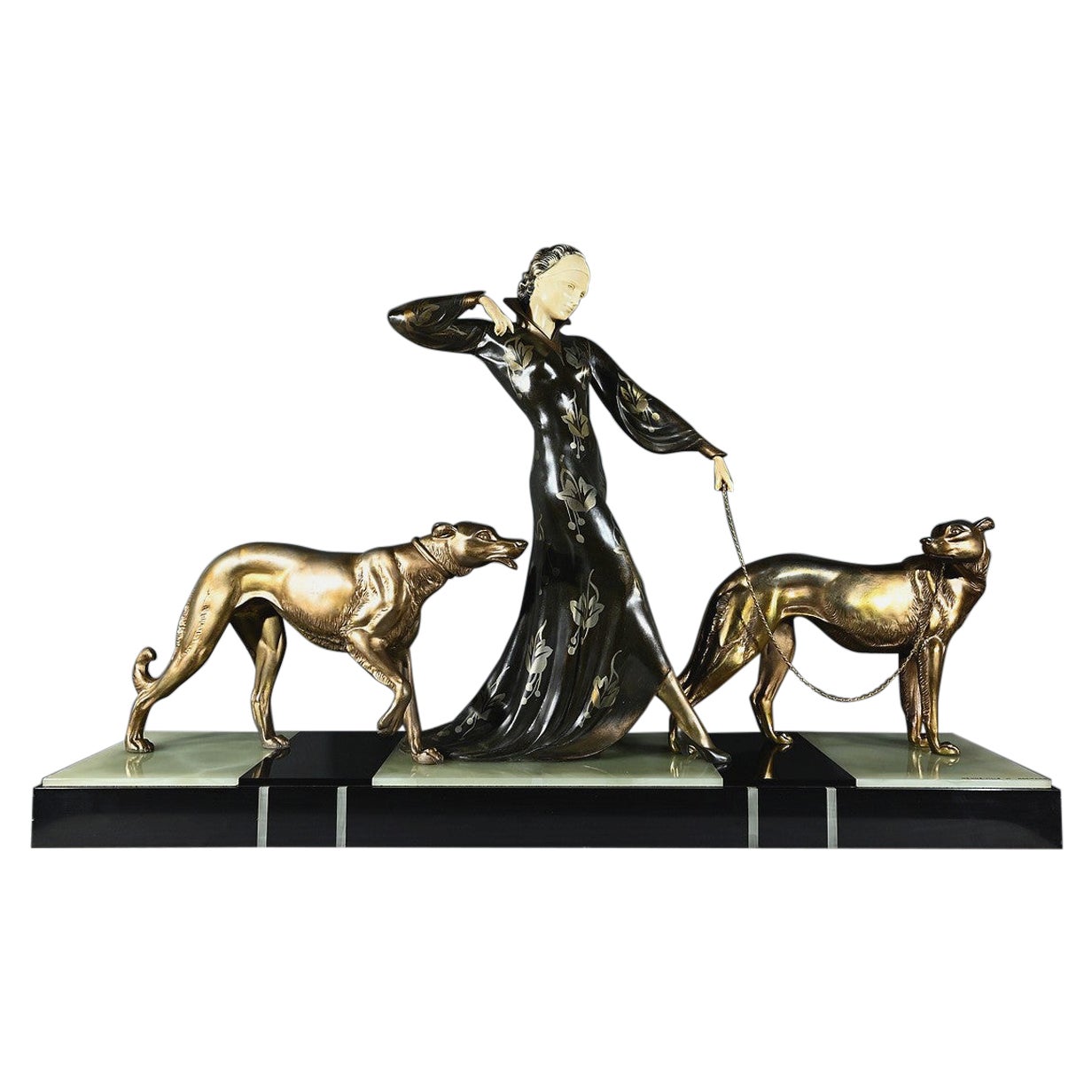 Important Chryselephantine Sculpture, “En Promenade”, signed Menneville