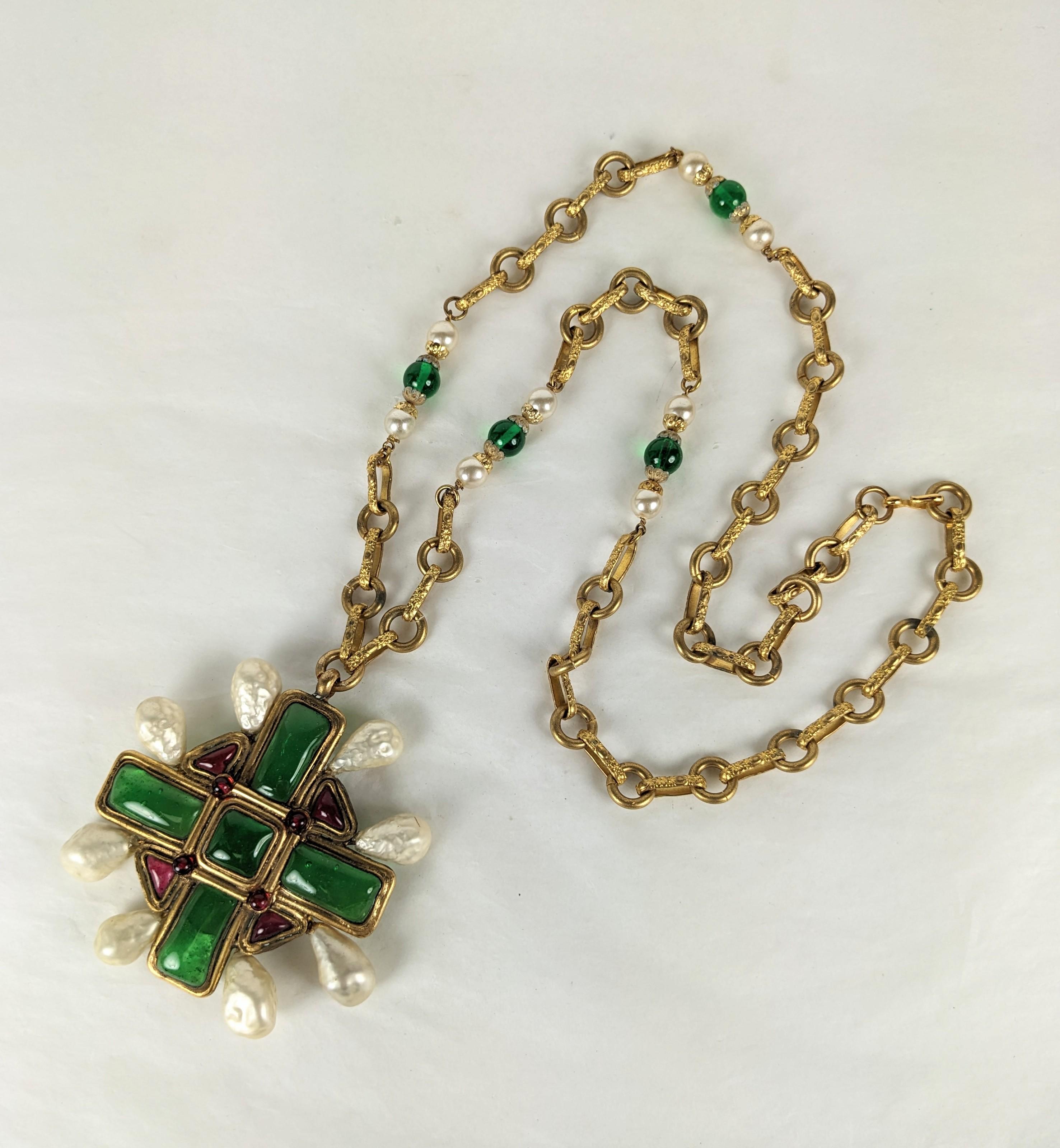 Extraordinary Rare and Important Maison Gripoix for Coco Chanel elaborate handmade Byzantine crucifix pendant necklace. The focal crucifix of ruby and emerald Gripoix poured glass enamel and small ruby cabocheons, with eight pear shape faux baroque