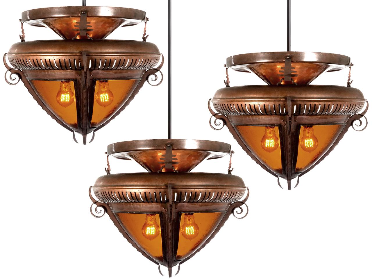 This is a collection of hanging or even flush mount lamps that we are very excited about. That doesn't happen too often. The design is totally unique and can fall into a few different movements. The strongest influence would be Arts and Crafts but