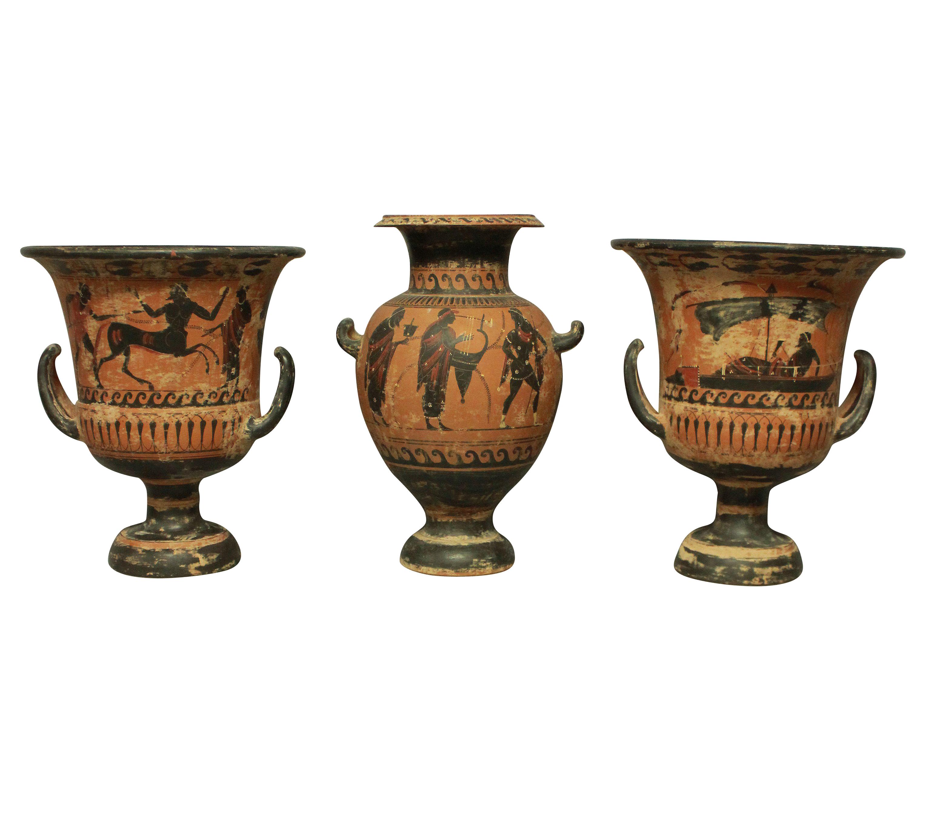 An important collection of large Greek Attic ware Krater vases of various shapes and styles. Depicting a variety of mythical scenes with warriors, equestrian battles, sea battles, satyrs and young men.