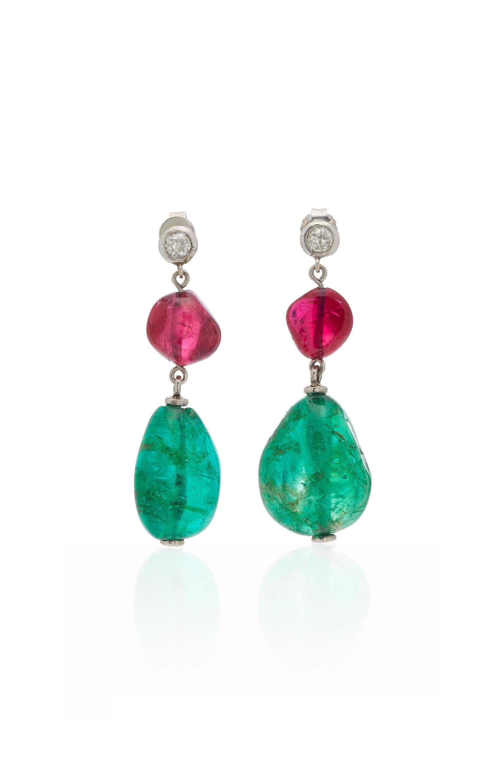 Women's Important Colombian Emerald Red Spinel Diamond Ear Pendants For Sale