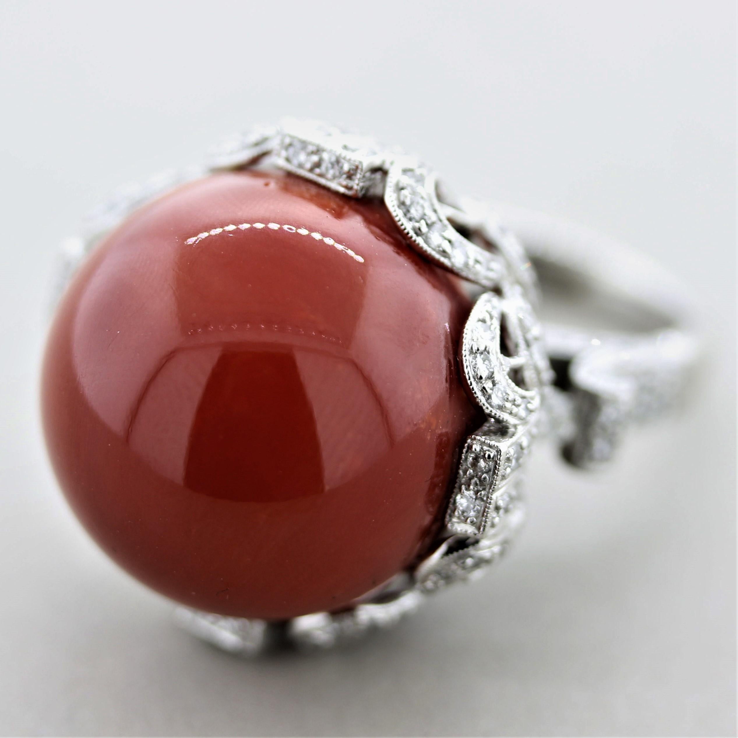 Mixed Cut Important Coral Diamond Platinum Cocktail Ring For Sale