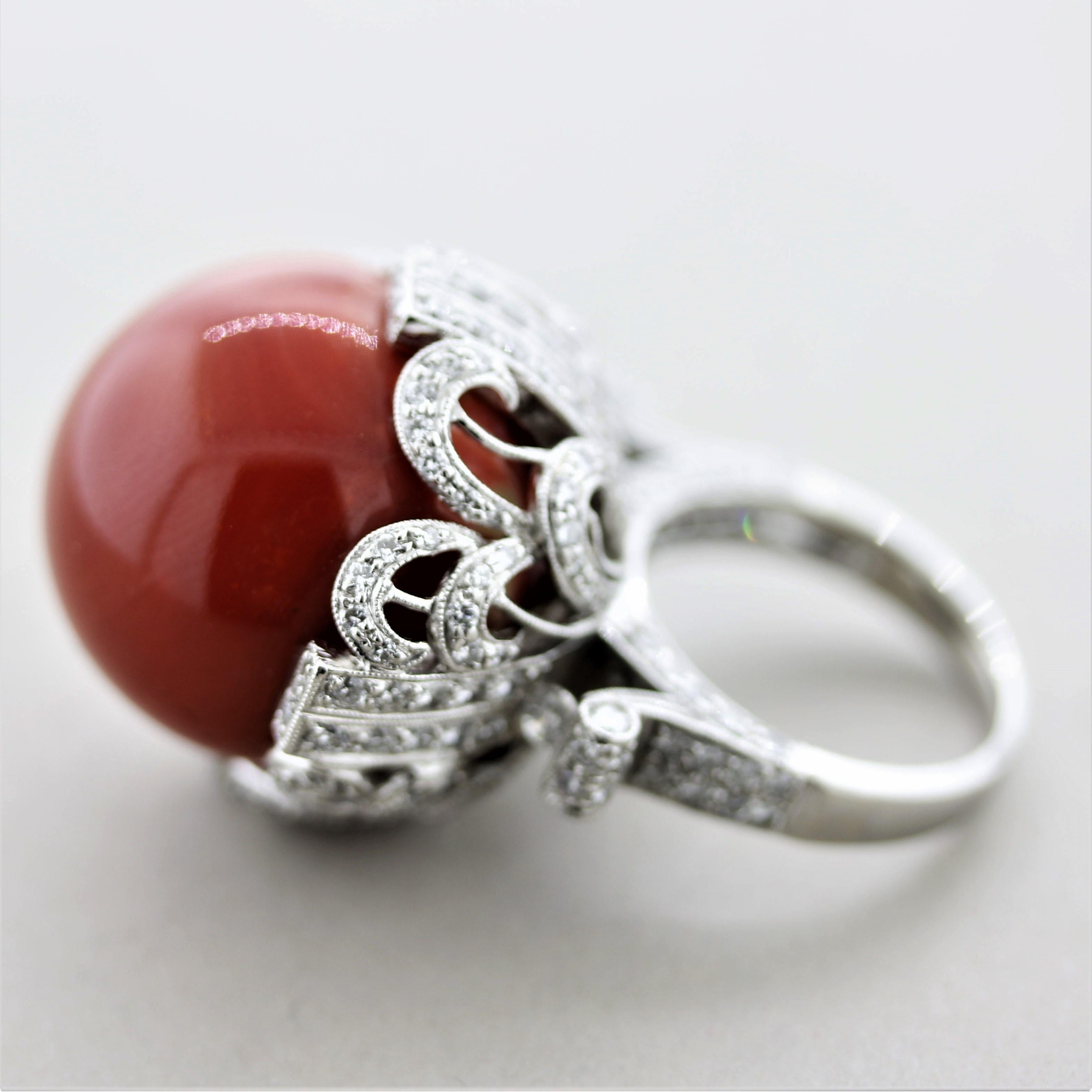 Important Coral Diamond Platinum Cocktail Ring In New Condition For Sale In Beverly Hills, CA