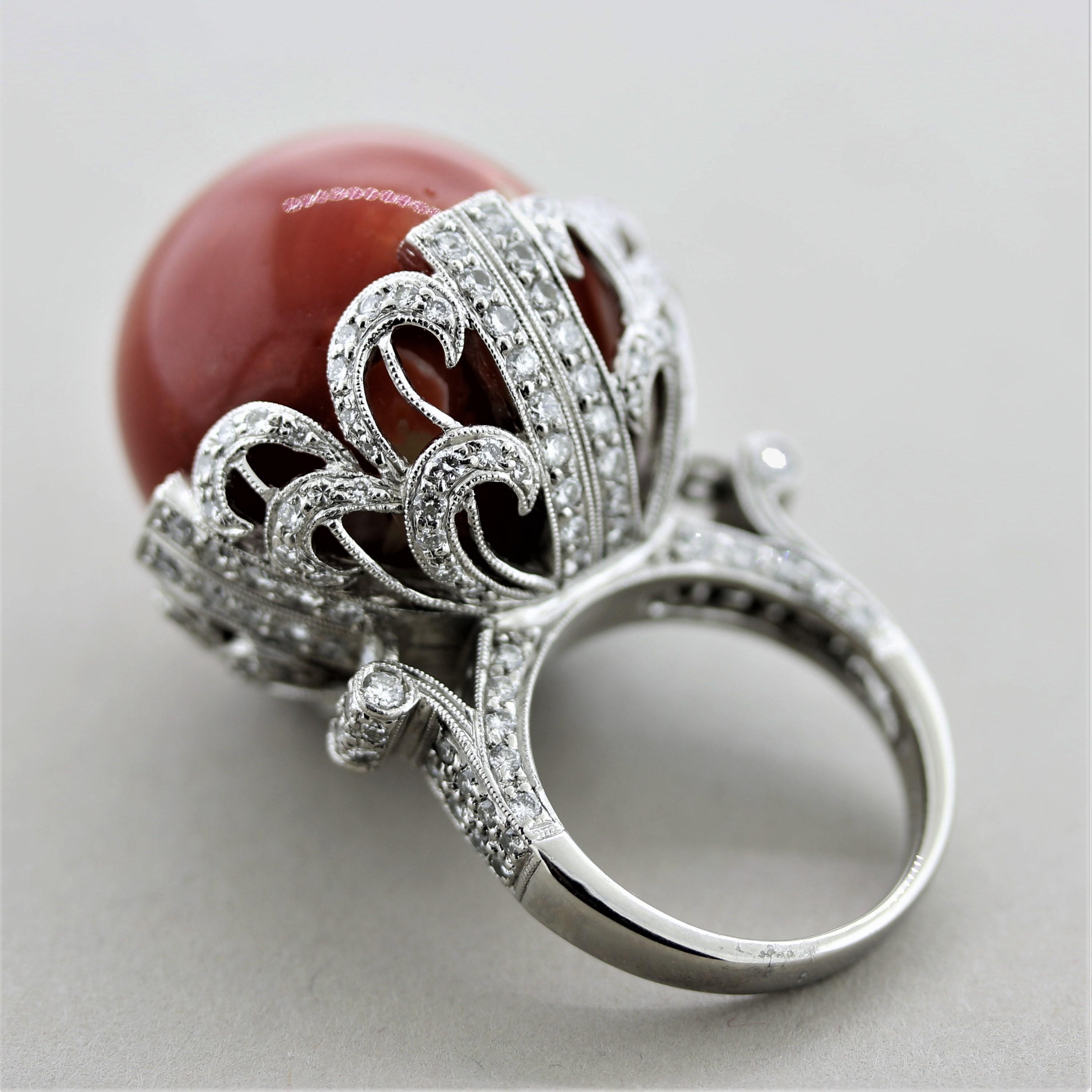 Women's Important Coral Diamond Platinum Cocktail Ring For Sale