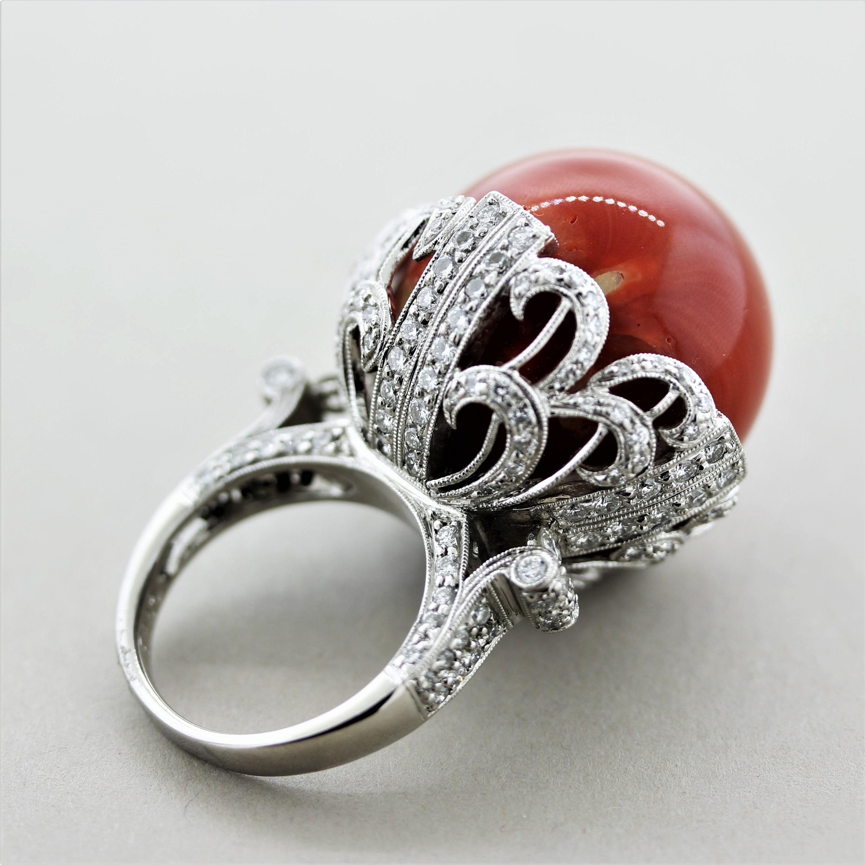 Important Coral Diamond Platinum Cocktail Ring For Sale 2