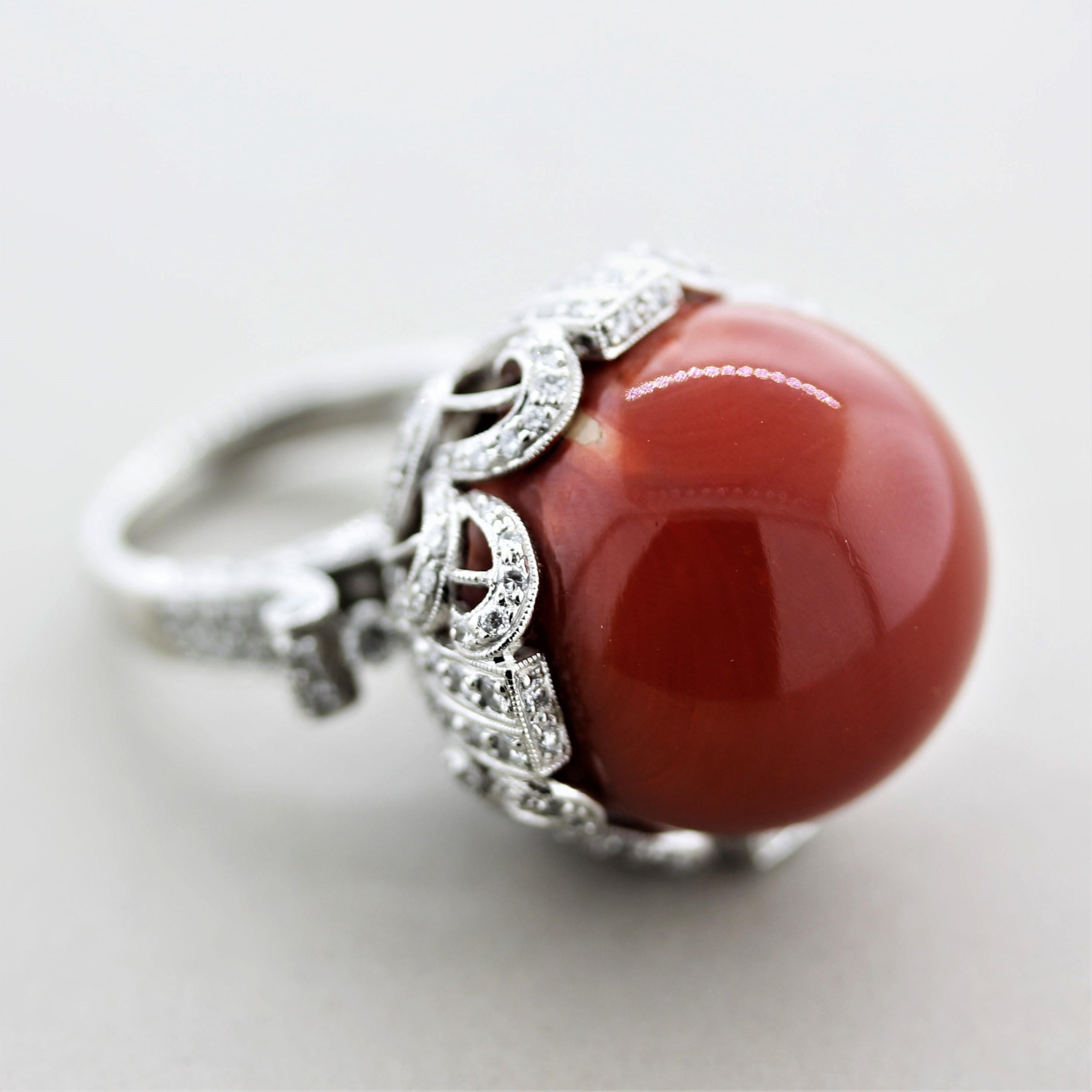 Important Coral Diamond Platinum Cocktail Ring For Sale 3