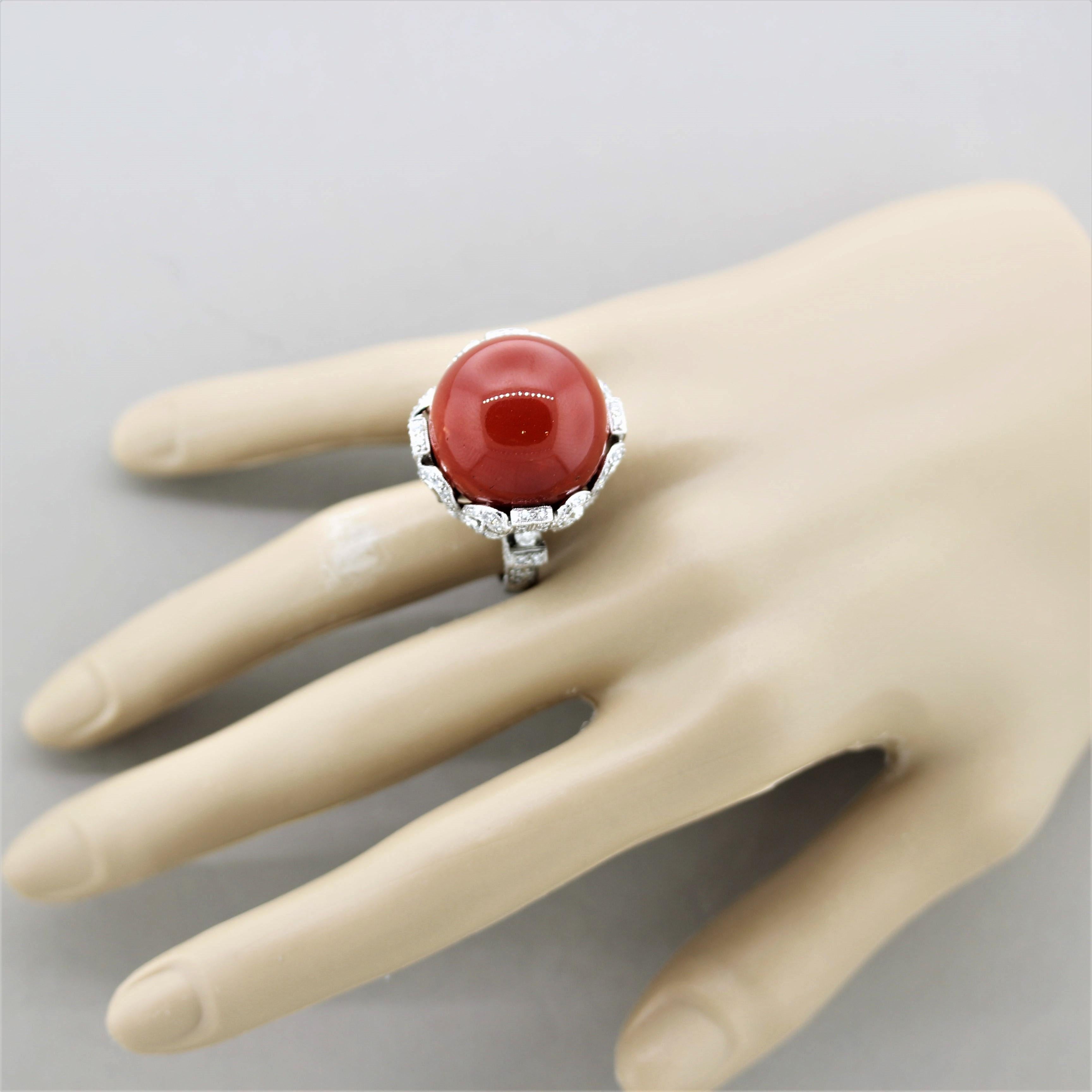 Important Coral Diamond Platinum Cocktail Ring For Sale 4