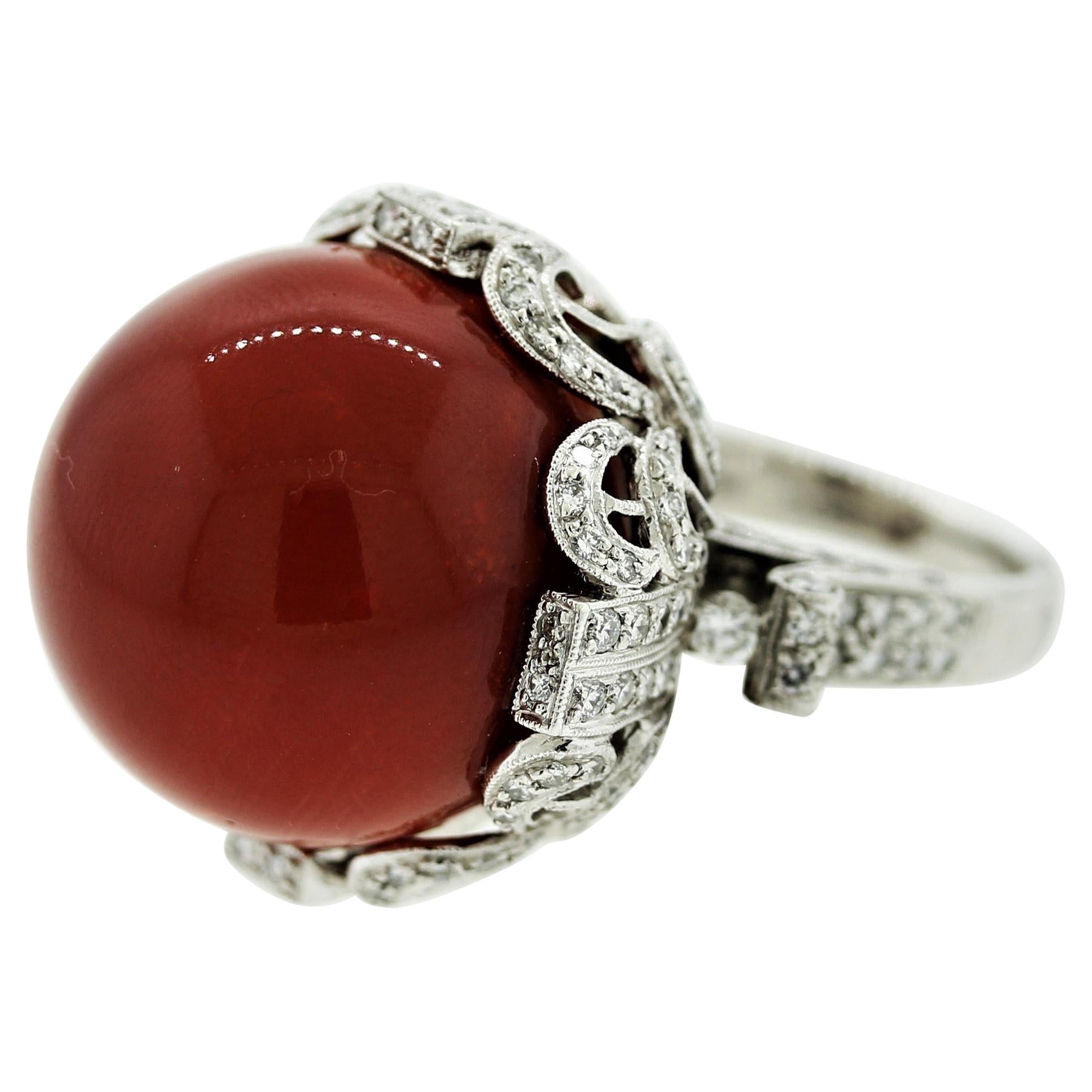 Important Coral Diamond Platinum Cocktail Ring For Sale