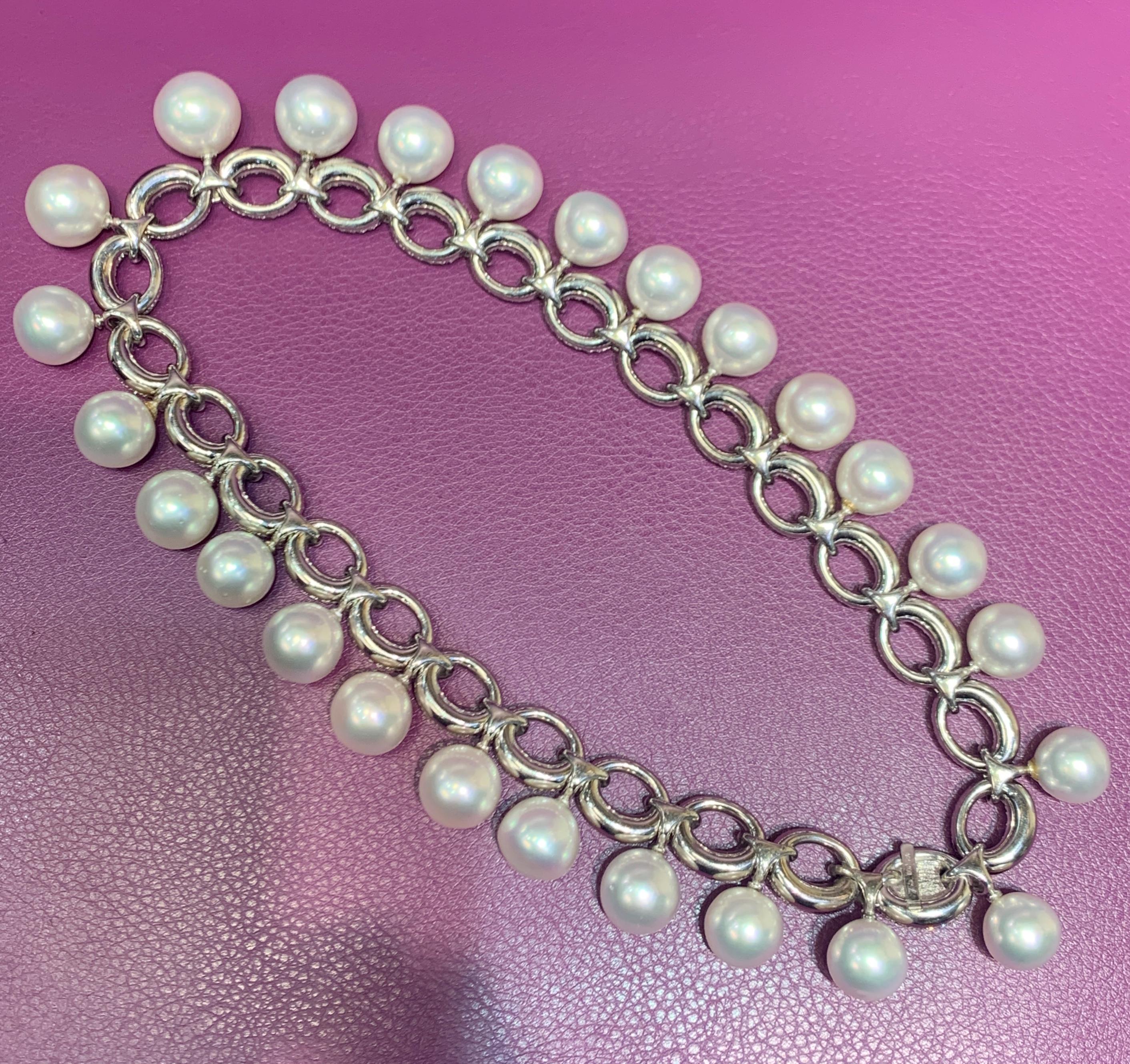 Women's Important Cultured Pearl and Diamond Link Necklace For Sale