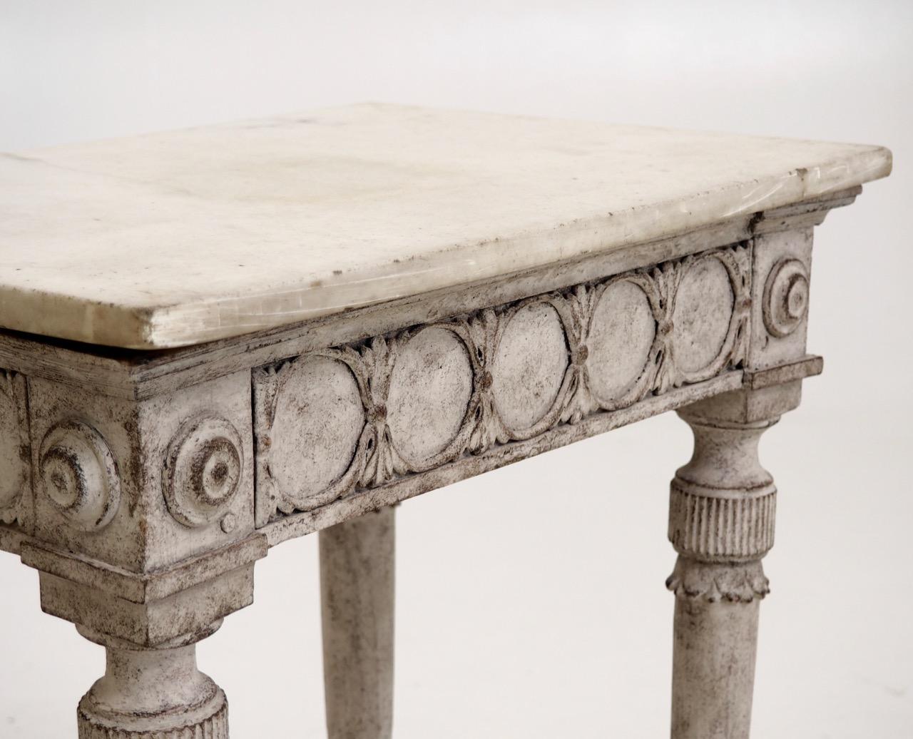 Important Danish console table, attributed to C.J. Lillie, circa 1780. With marble top. See Liselund Castle for similar pieces by C.J. Lillie.
Measures: H. 72 W. 58 D. 39 cm 
H. 28.3 W. 22.8 D. 15.3 in.