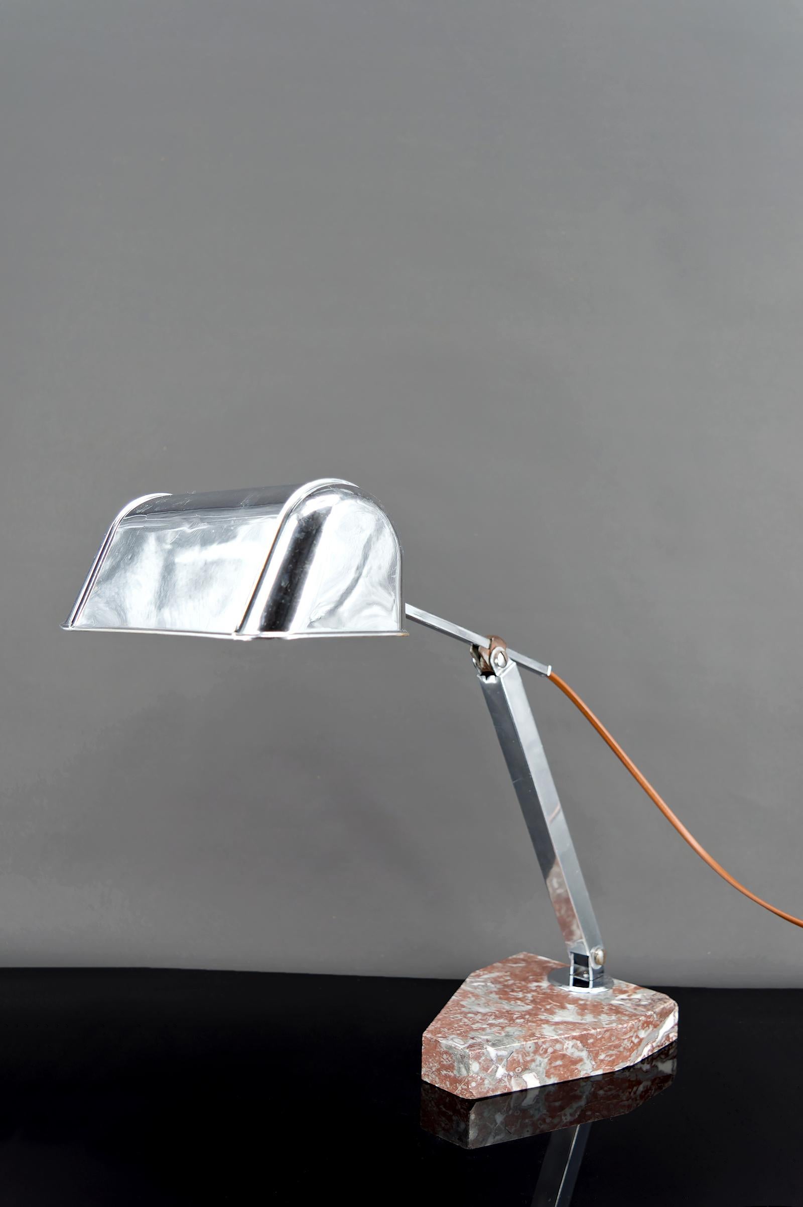 French Important Desk Lamp, Chrome, Aluminum, and Marble, Art Deco, France, Circa 1930 For Sale