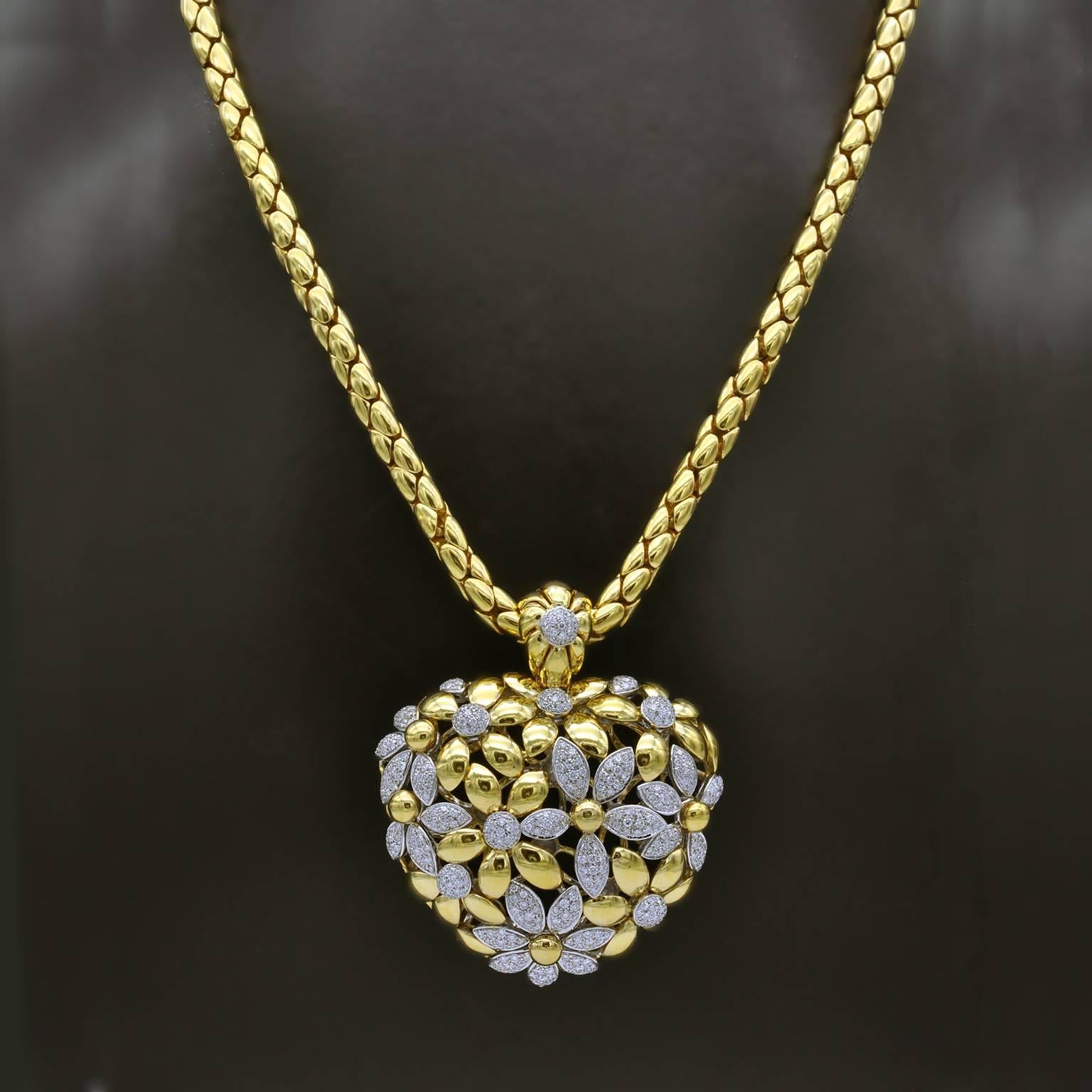 Modern Important Diamond and Gold Floral Puff Heart Opera Necklace For Sale