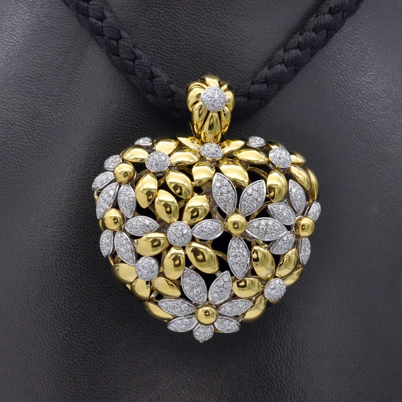 Brilliant Cut Important Diamond and Gold Floral Puff Heart Opera Necklace For Sale