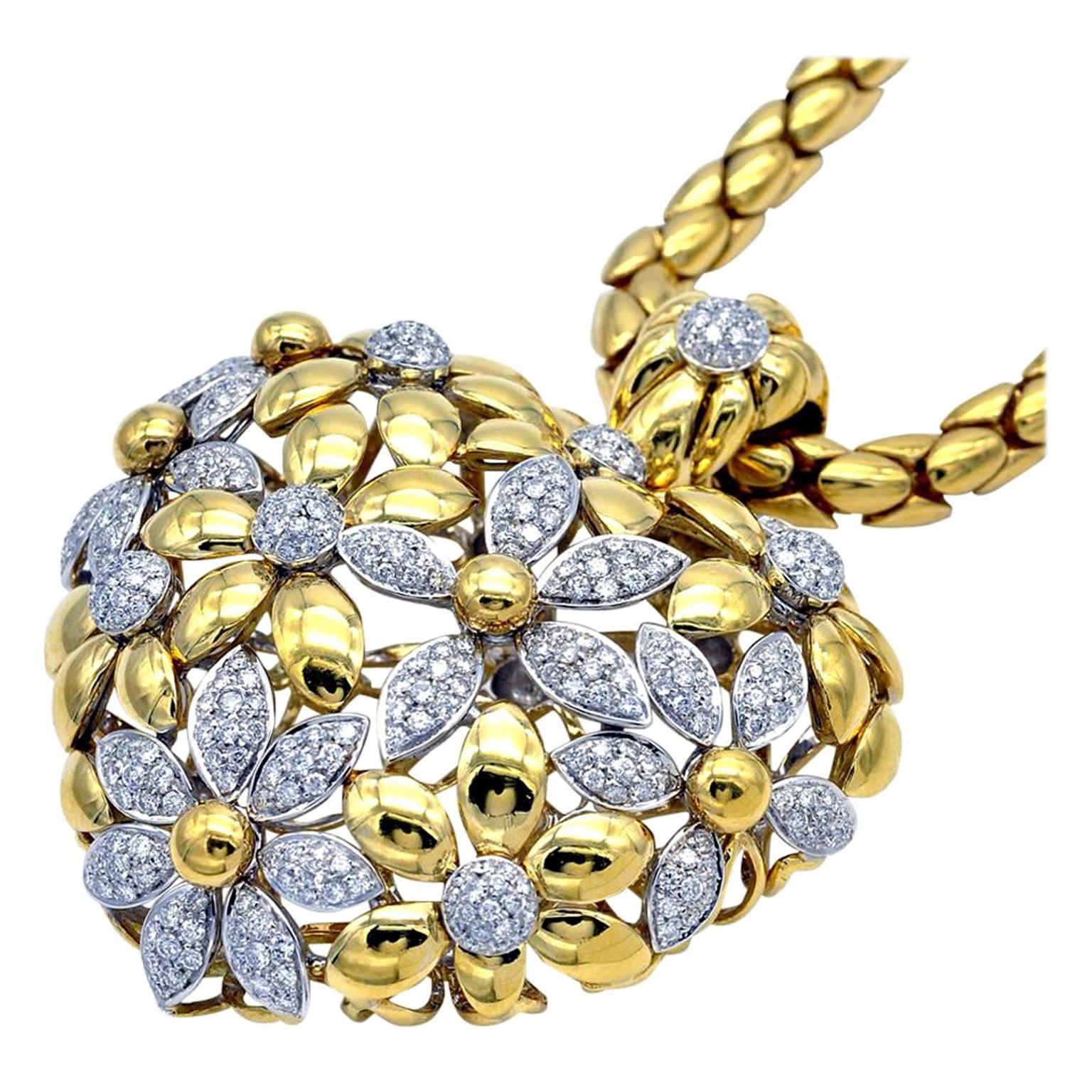 Importante Opern-Halskette, Diamant und Gold, geblümte Puff Herz im Angebot