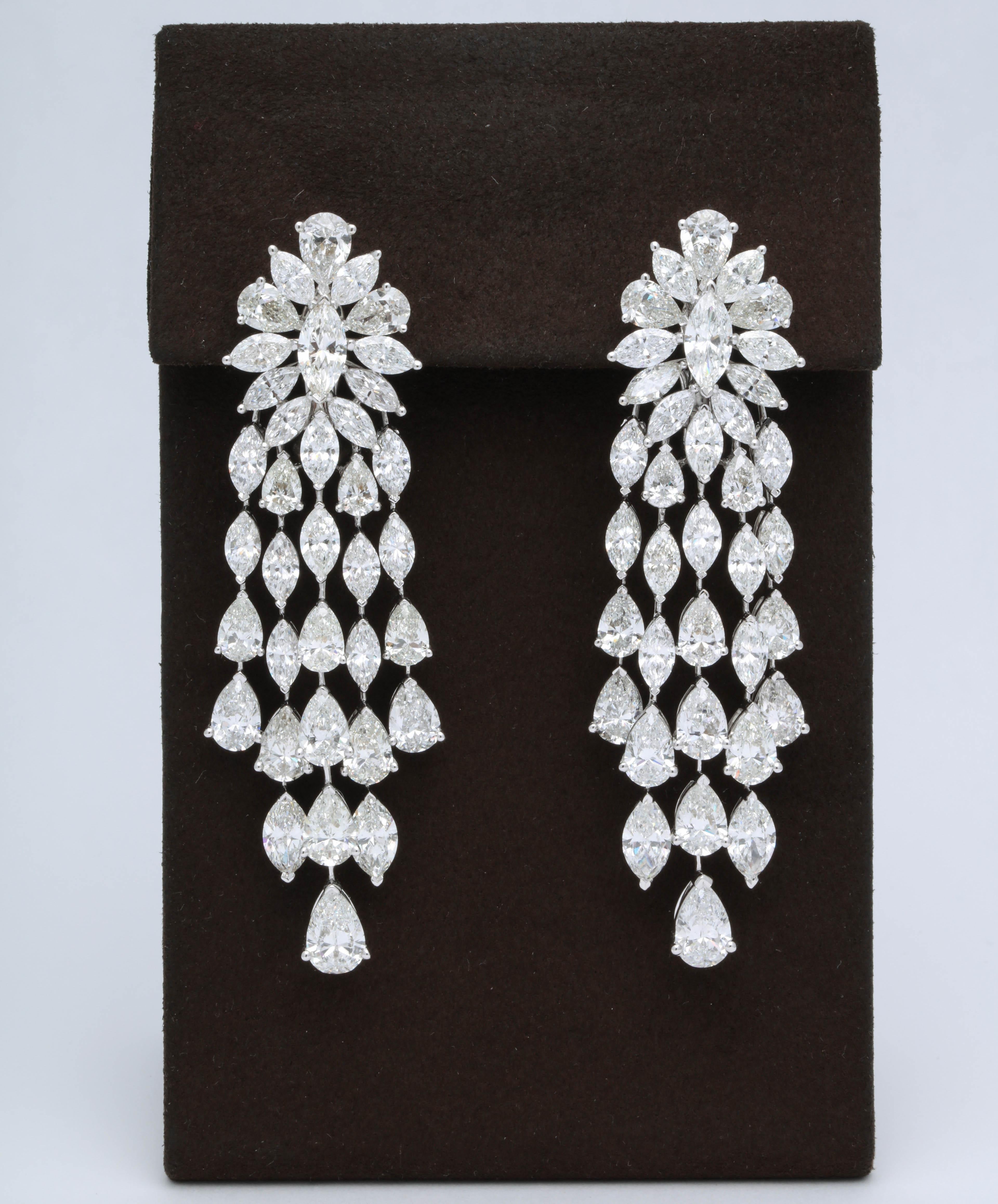 
A GRAND pair of diamond earrings!

36.41 carats of marquise and pear shape diamonds set in 18k white gold.

These earrings are crafted with mainly large diamonds, around a carat size and 3/4 carats. They average half a carat each. 

Just under 3