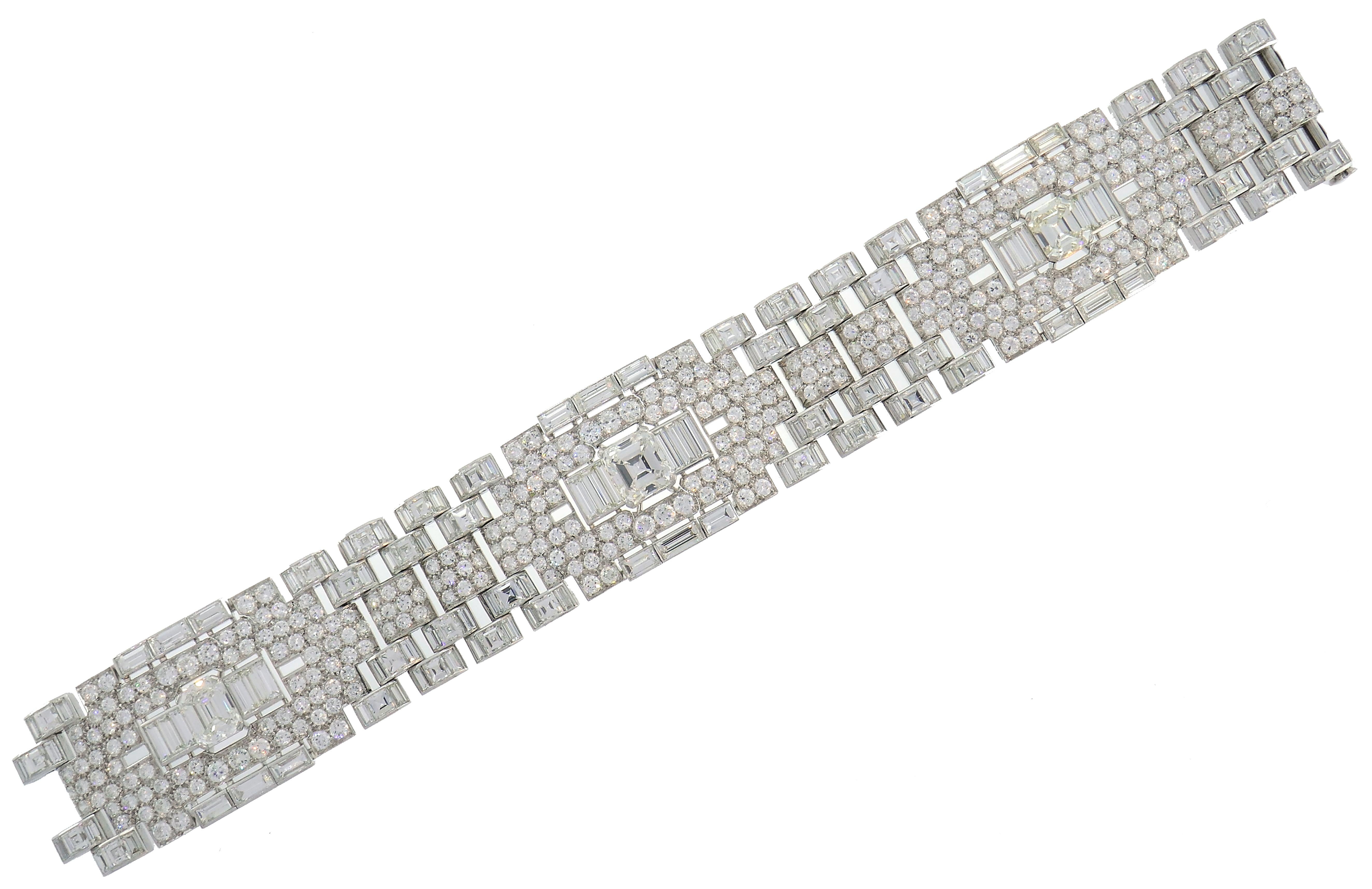 Mixed Cut Art Deco Revival Diamond Platinum Bracelet, 1960s For Sale