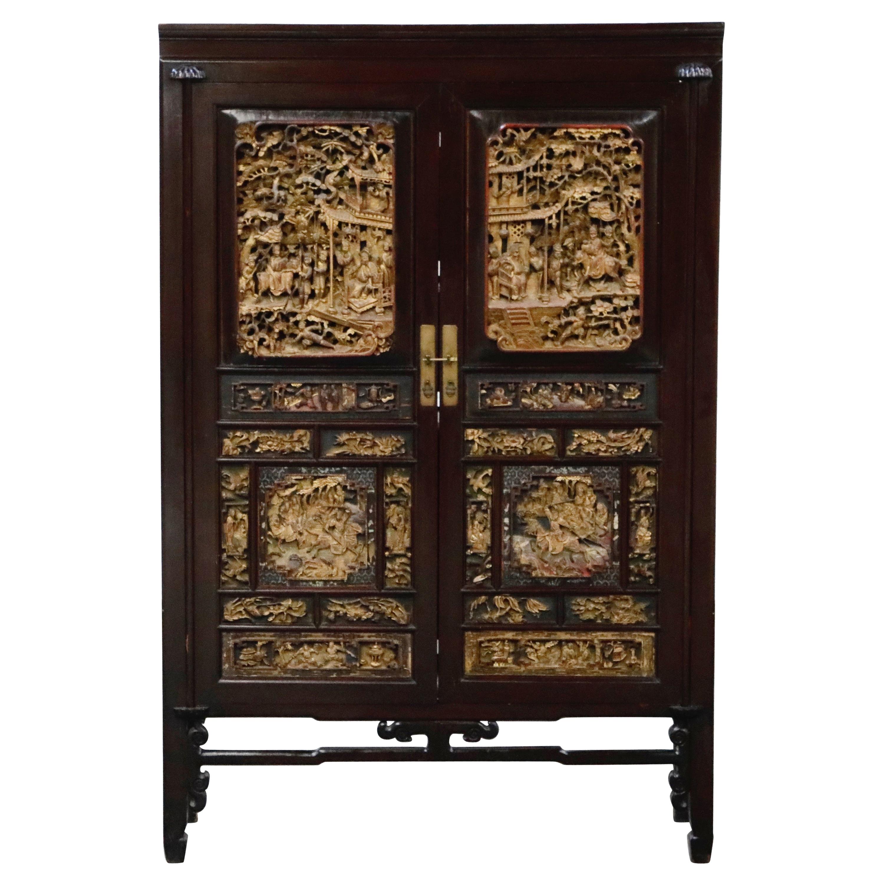 Important Documented Qing Dynasty Chinese Deep Relief Rosewood Cabinet